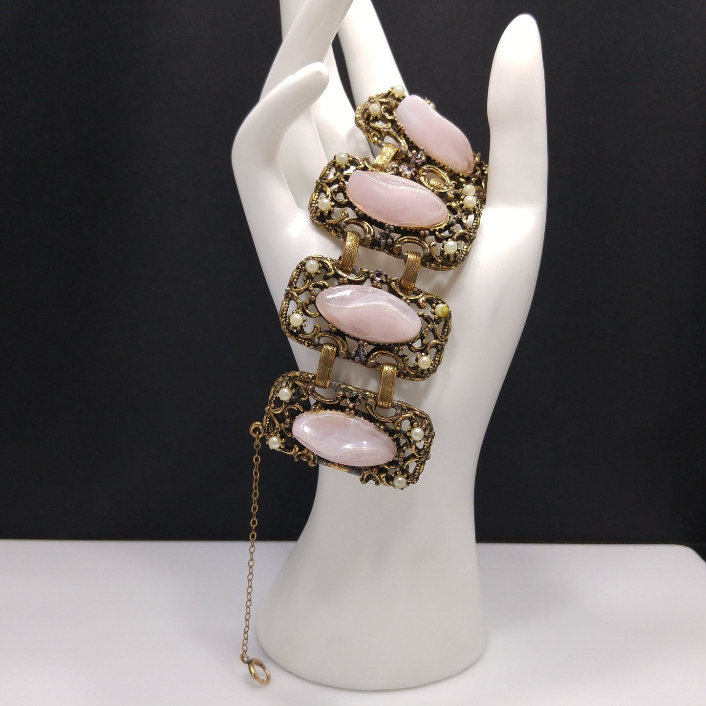 Vintage Chunky Art Glass Wide Bracelet, Pink Glass, 1940s 1950s Vintage Jewelry