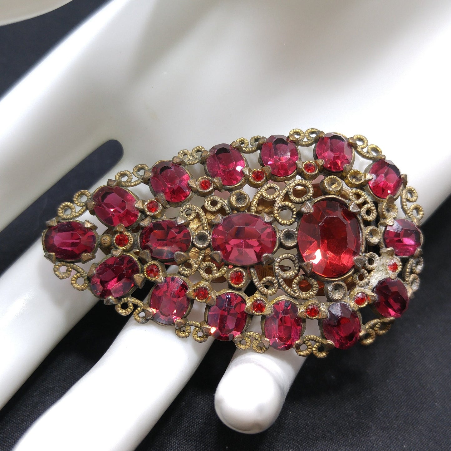 Antique Red Rhinestone Filigree Dress Clip, 1920s Vintage Jewelry