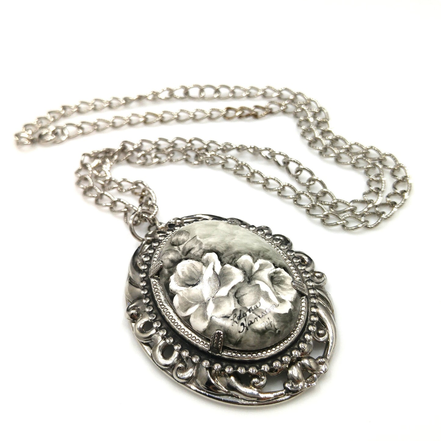 Hand Painted Monochrome Flower Pendant Necklace, Signed & Dated, 1970s Vintage Jewelry