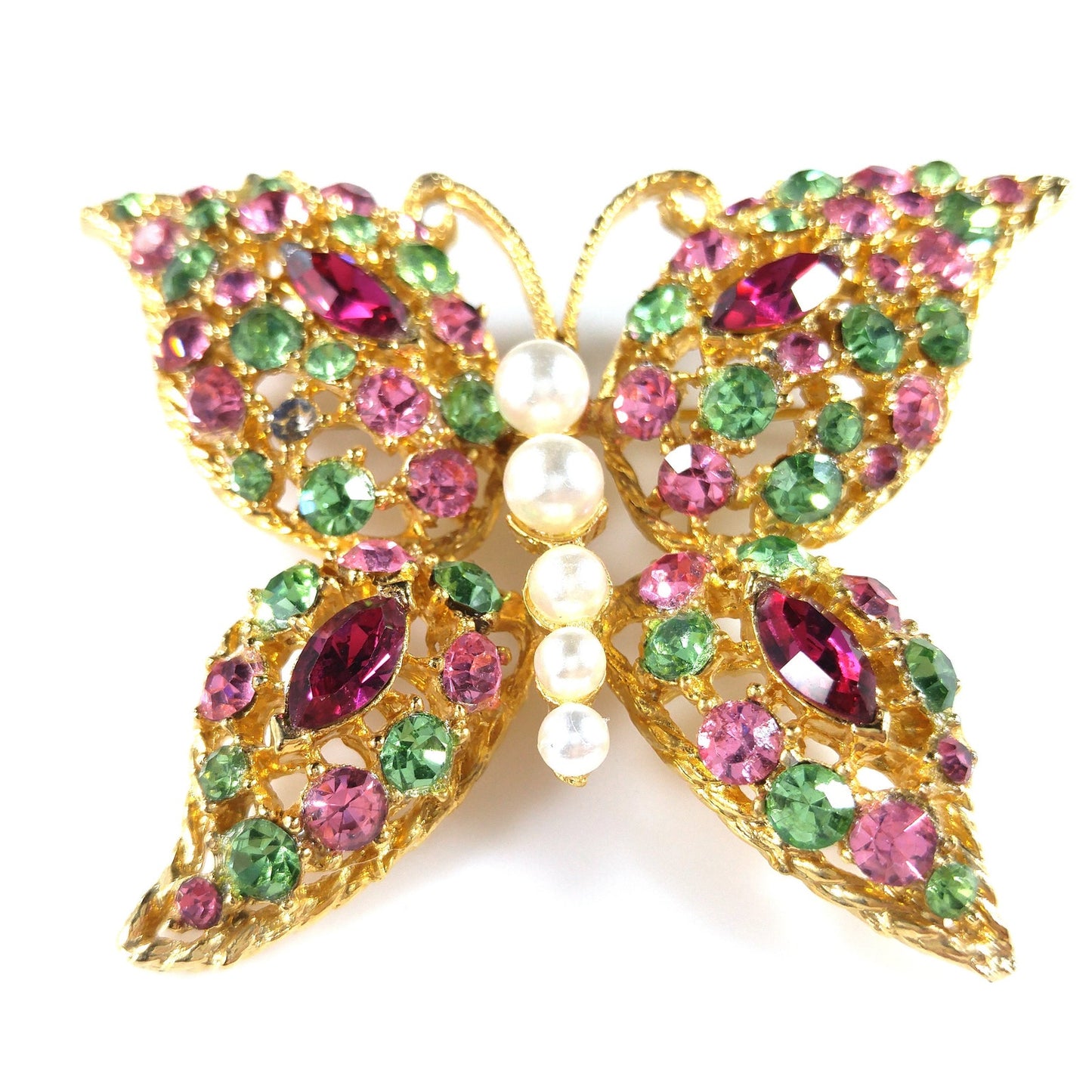 Vintage Pastel Rhinestone Butterfly Brooch, Faux Pearl Body, Uranium Glass, Vintage Jewelry