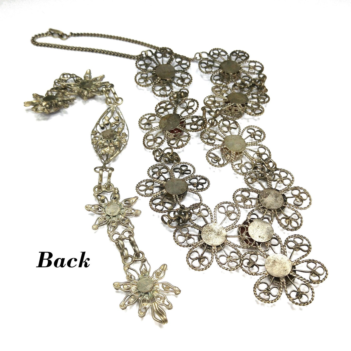 Multicolored Gemstones Twisted Wire Necklace & Bracelet, German or Nickel Silver, 1970s Vintage Jewelry