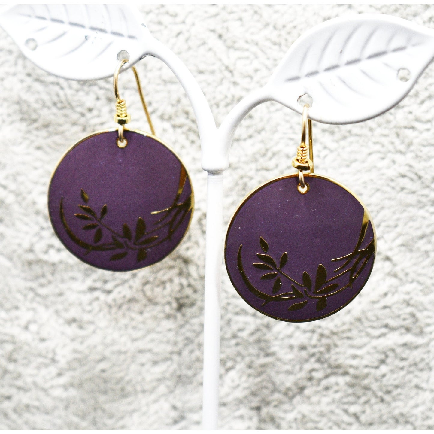 Vintage Laurel Burch Floral Gold Plated Earrings, Purple Enamel