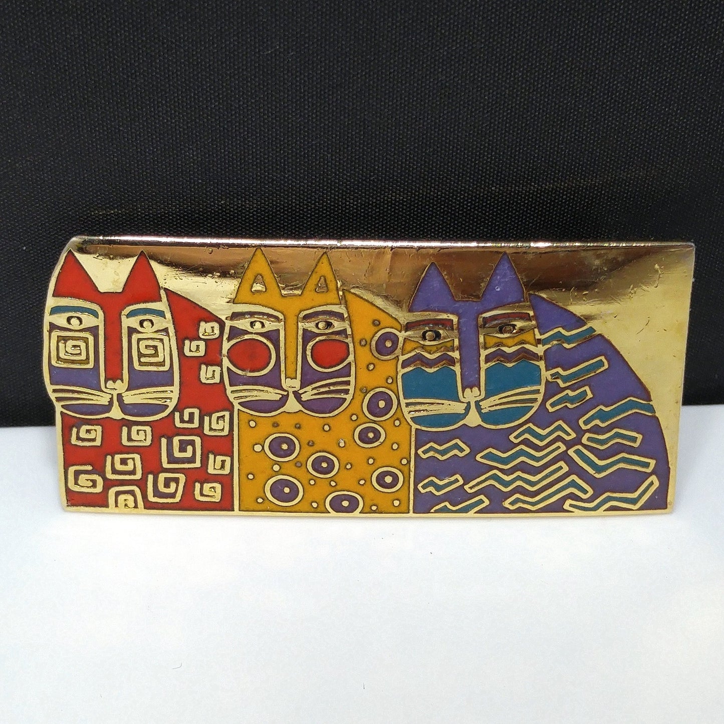Laurel Burch "Wild Cats" Cloisonné Brooch, Three Cats Pin, 1980s Vintage Jewelry