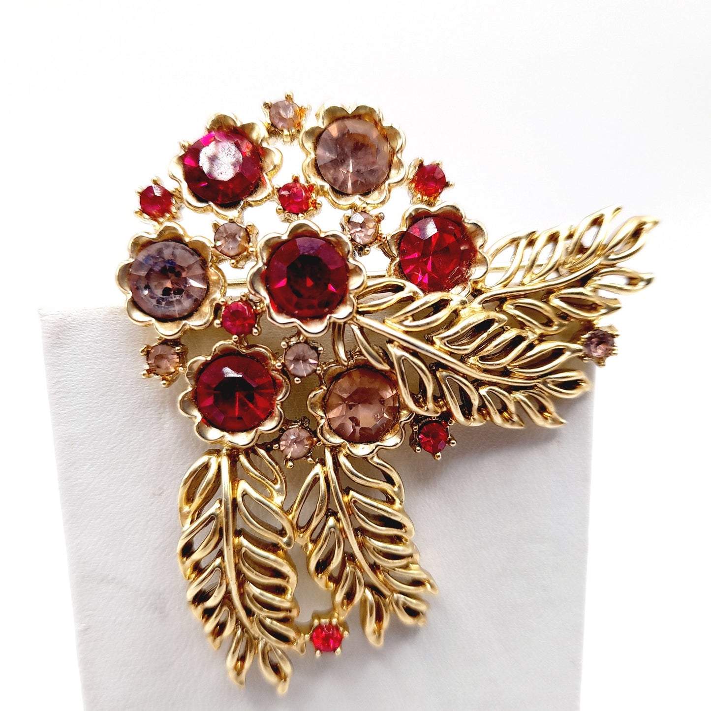 Vintage 1950s Pink Red Rhinestone Brooch Earrings Set, Gold Tone Floral Jewelry, Mid-Century Designer Statement Jewelry