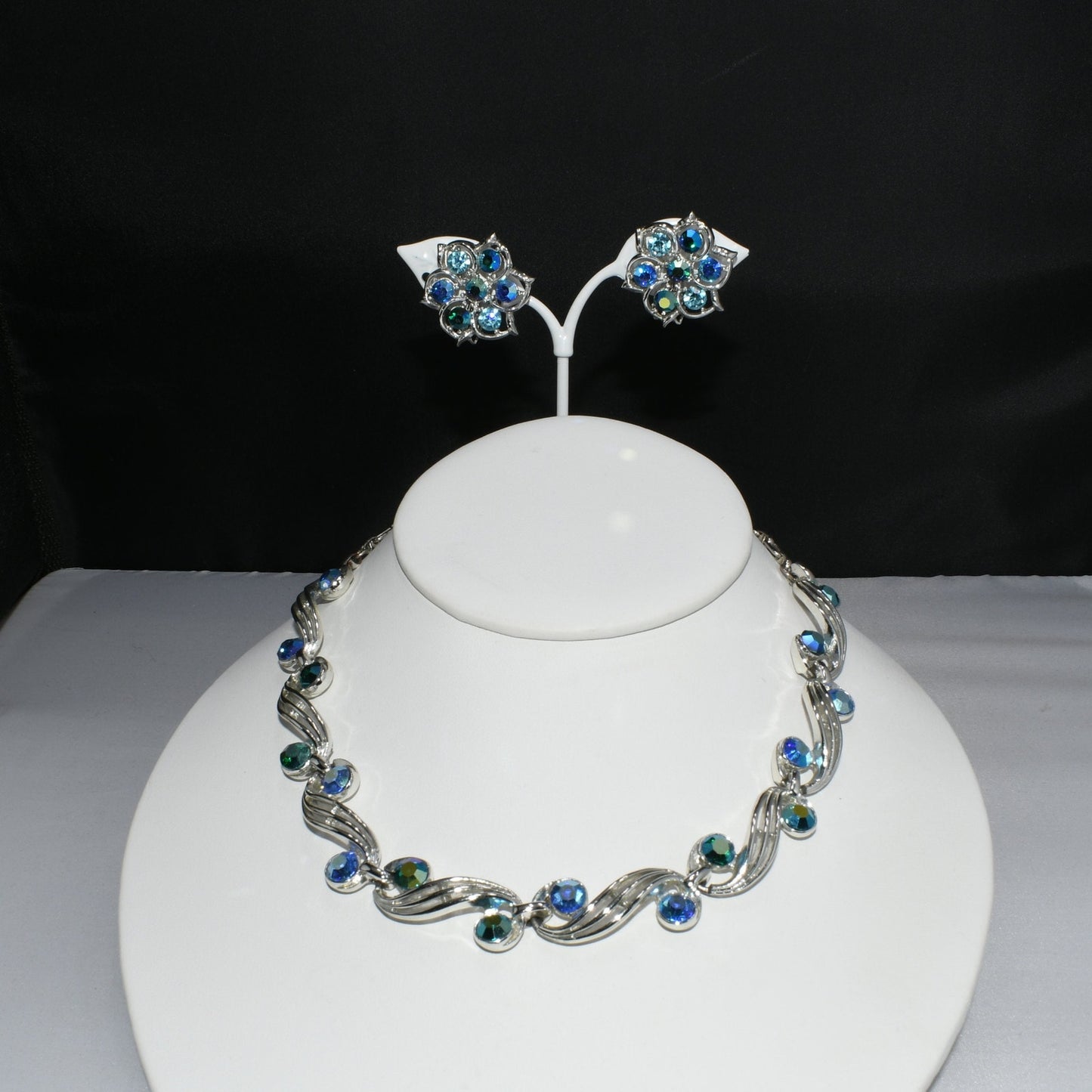 Blue Aurora Borealis Rhinestone Choker Necklace Earrings, Rhodium Plated, 1950s Vintage Jewelry
