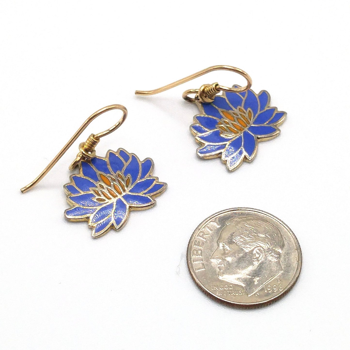 Vintage Laurel Burch Blue Orange Lily Earrings, Enamel Cloisonne, Gold Plated