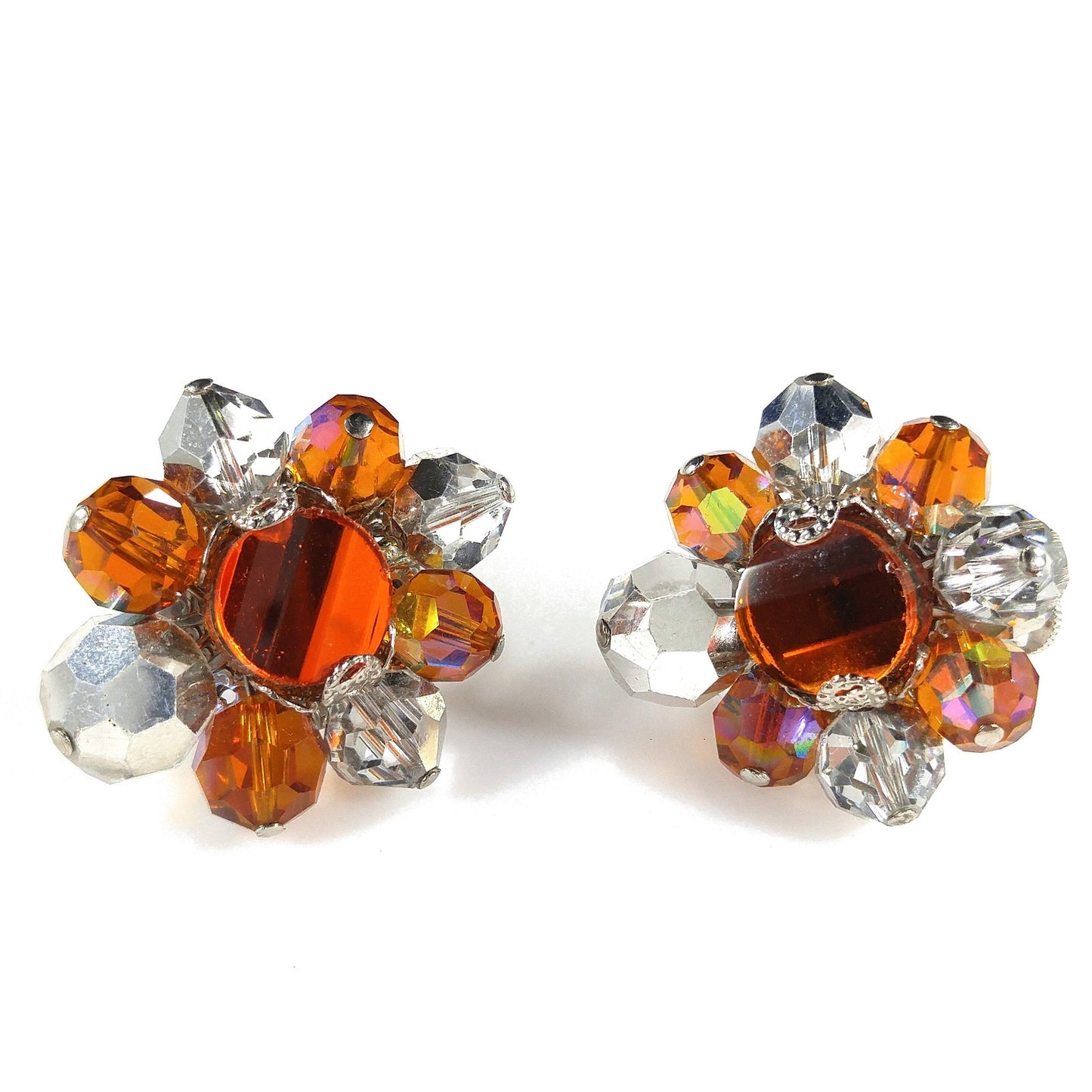 Vendome Beaded Clip Earrings, Orange Silver Clear Crystal Beads, 1960s Vintage Jewelry