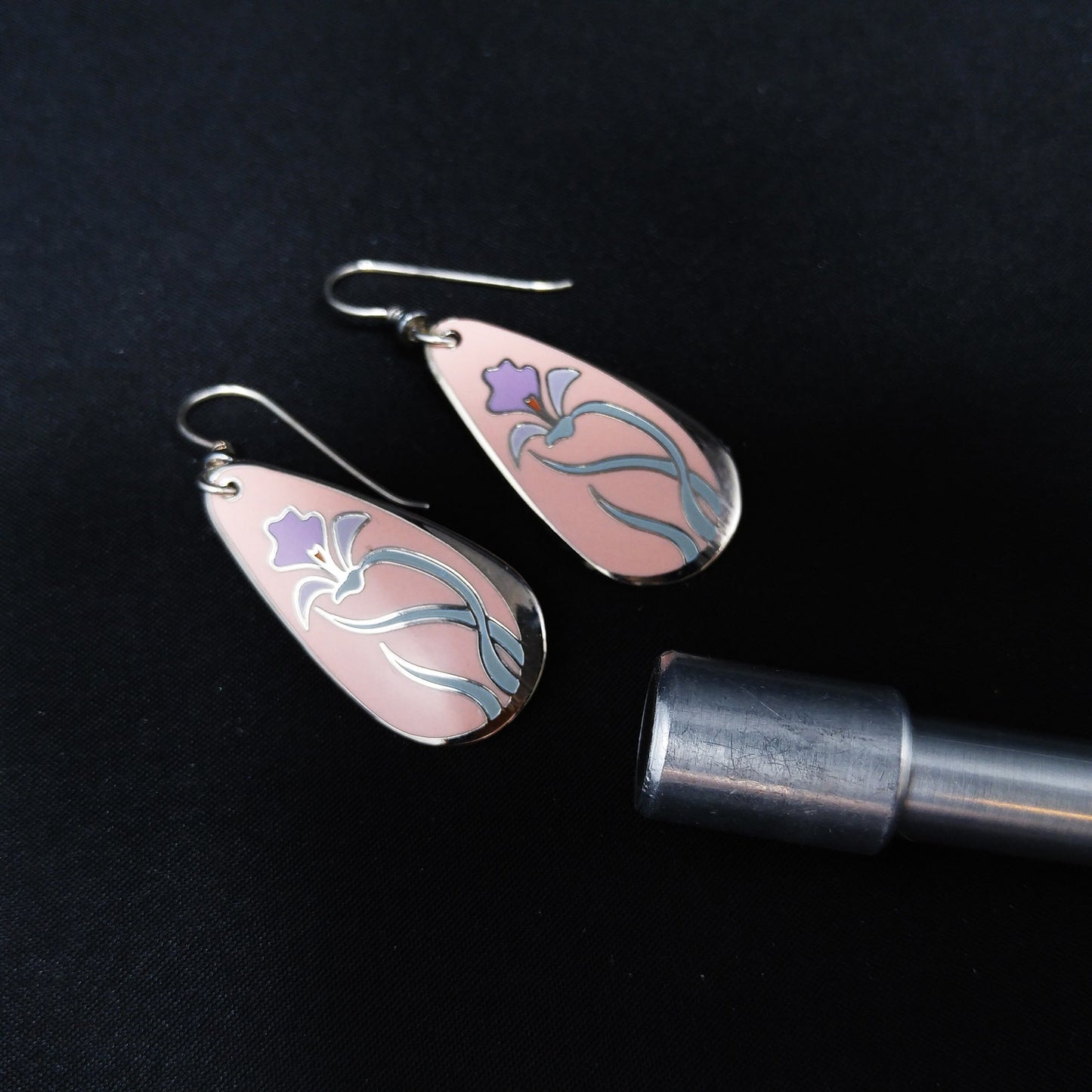Laurel Burch "Wild Iris" Pink Enamel Earrings, Silver Tone, Gold Plated, 1980s