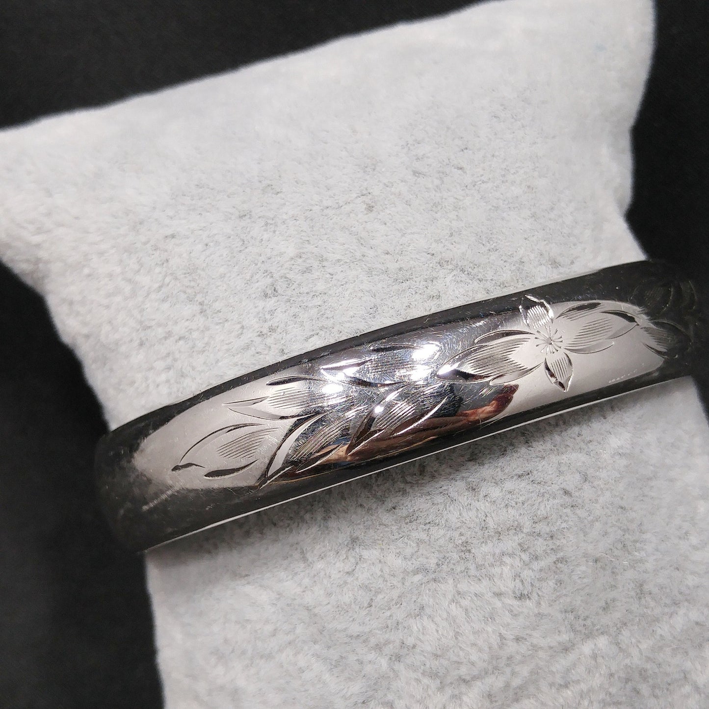 Sterling Silver H.F.B. Hinged Bracelet, Floral Design, 1940s Vintage Jewelry