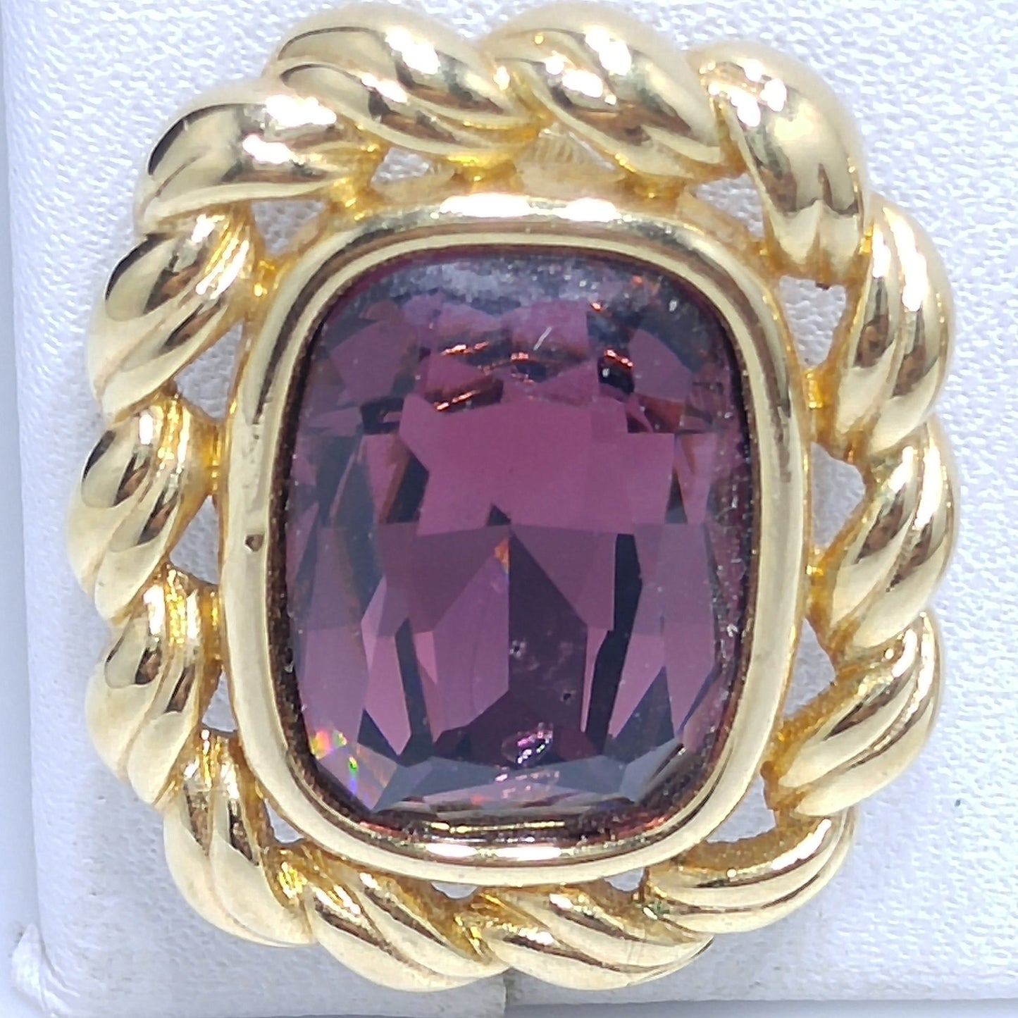 Swarovski S.A.L. Earrings, Purple Crystal Clip Ons, Gold Rope Design, 1970s Vintage Jewelry