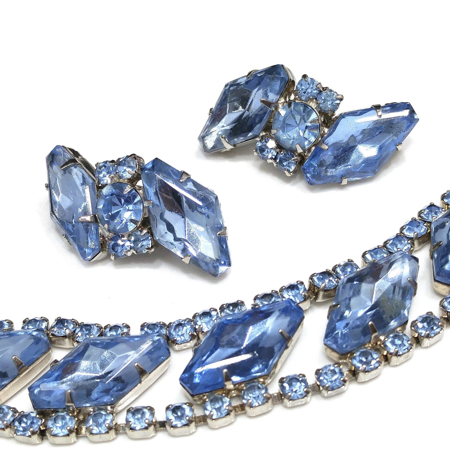Light Blue Rhinestone Bracelet & Clip Earrings, Rhodium Plated, Ear Climbers, 1960s Vintage Jewelry