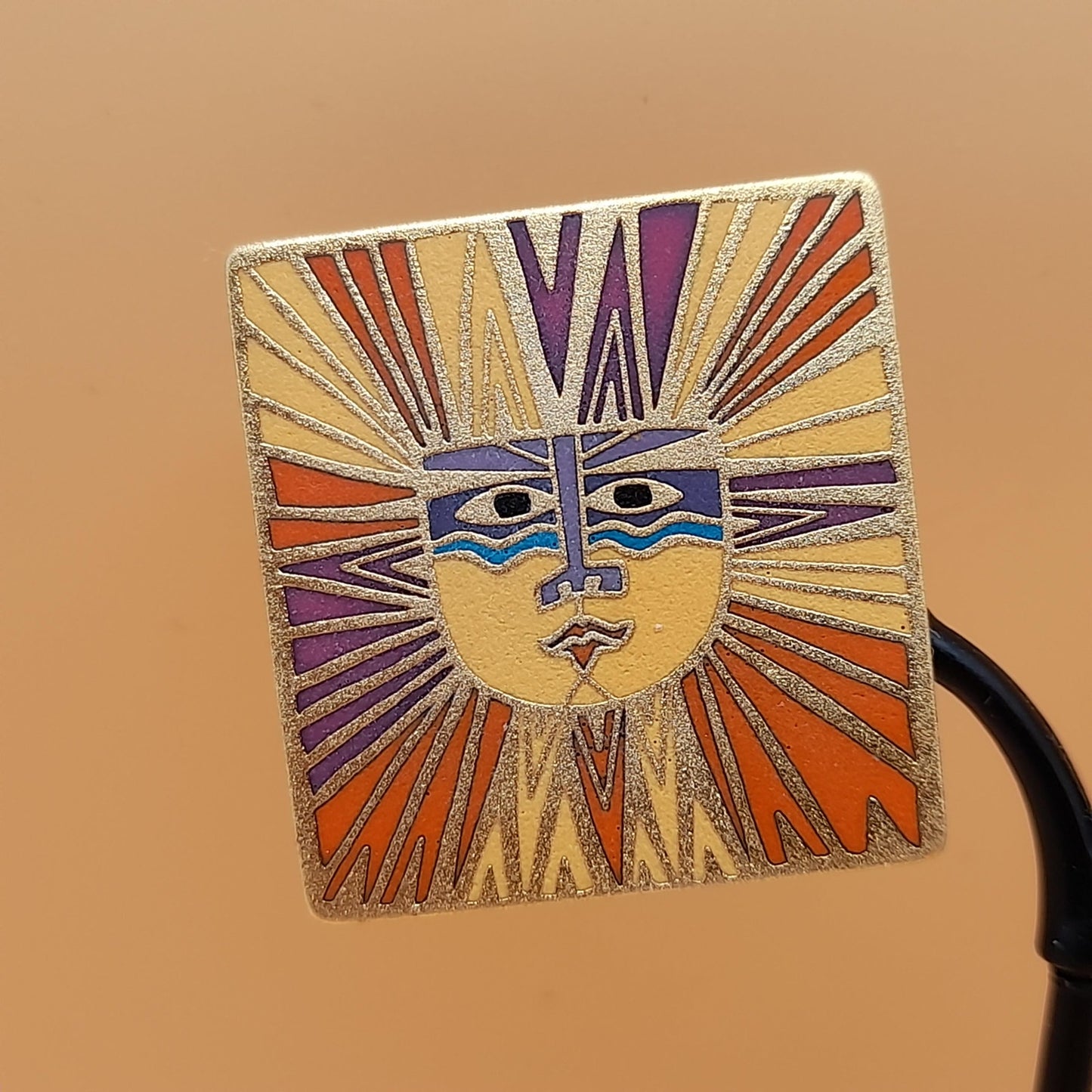 Laurel Burch "Sun Goddess" Clip Earrings, Satin Gold Plated Finish, Cloisonne Enamel, 1980s Vintage Jewelry