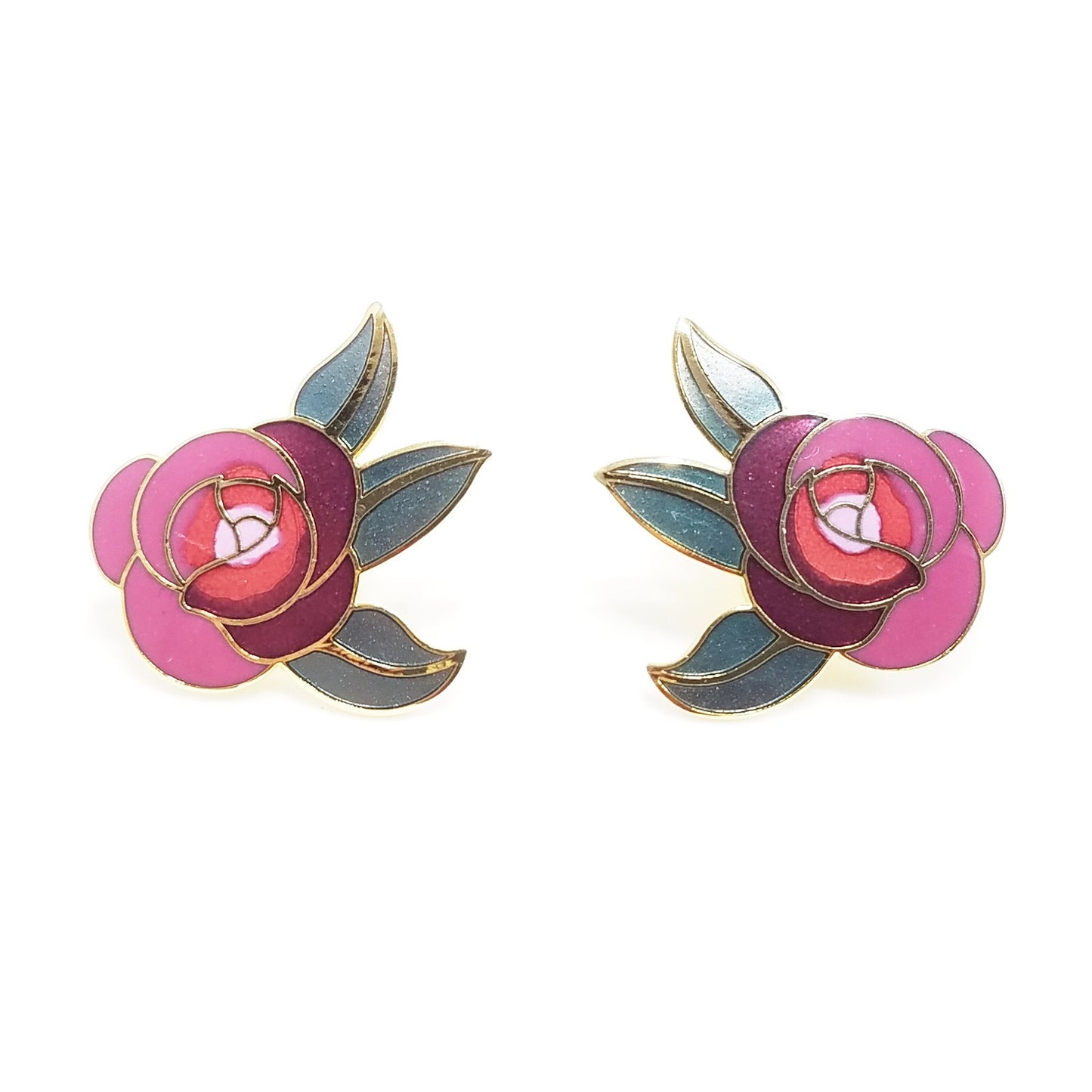 Vintage Laurel Burch "Deco Rose" Earrings, Gold Cloisonne Posts, Gold Plated