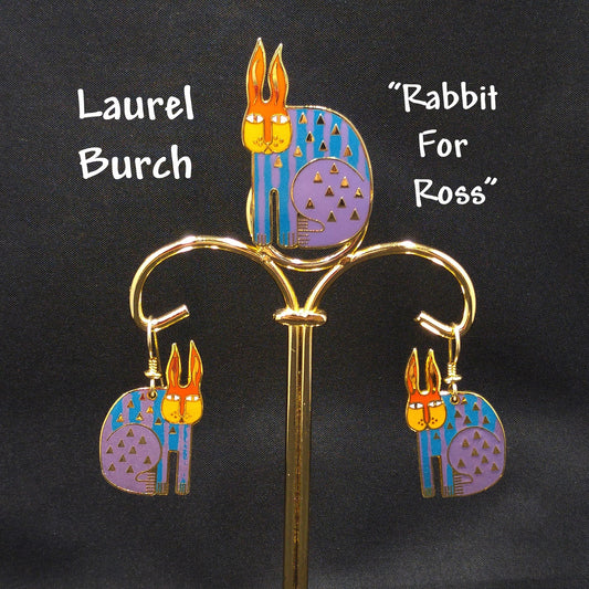 Laurel Burch "Rabbit For Ross" Brooch & Earring Set, Rainbow Enamel, Gold Plated, 1980s