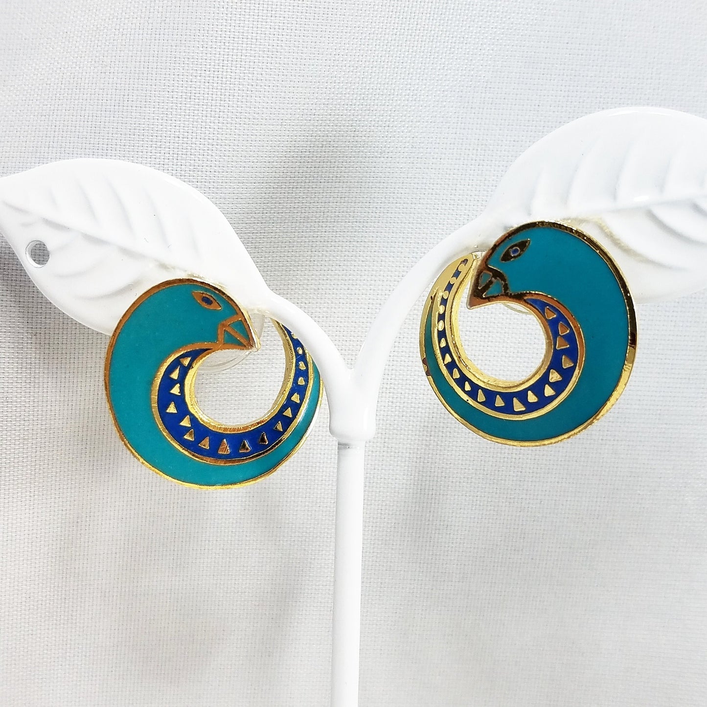 Vintage Laurel Burch "Celine" Bird Earrings, Gold Plated Cloisonne &Enamel, 1980