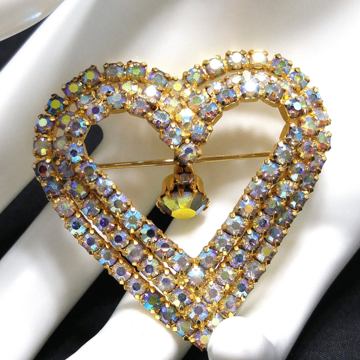 Aurora Borealis Heart Brooch, AB Rhinestone Dangle, 1960s Vintage Jewelry