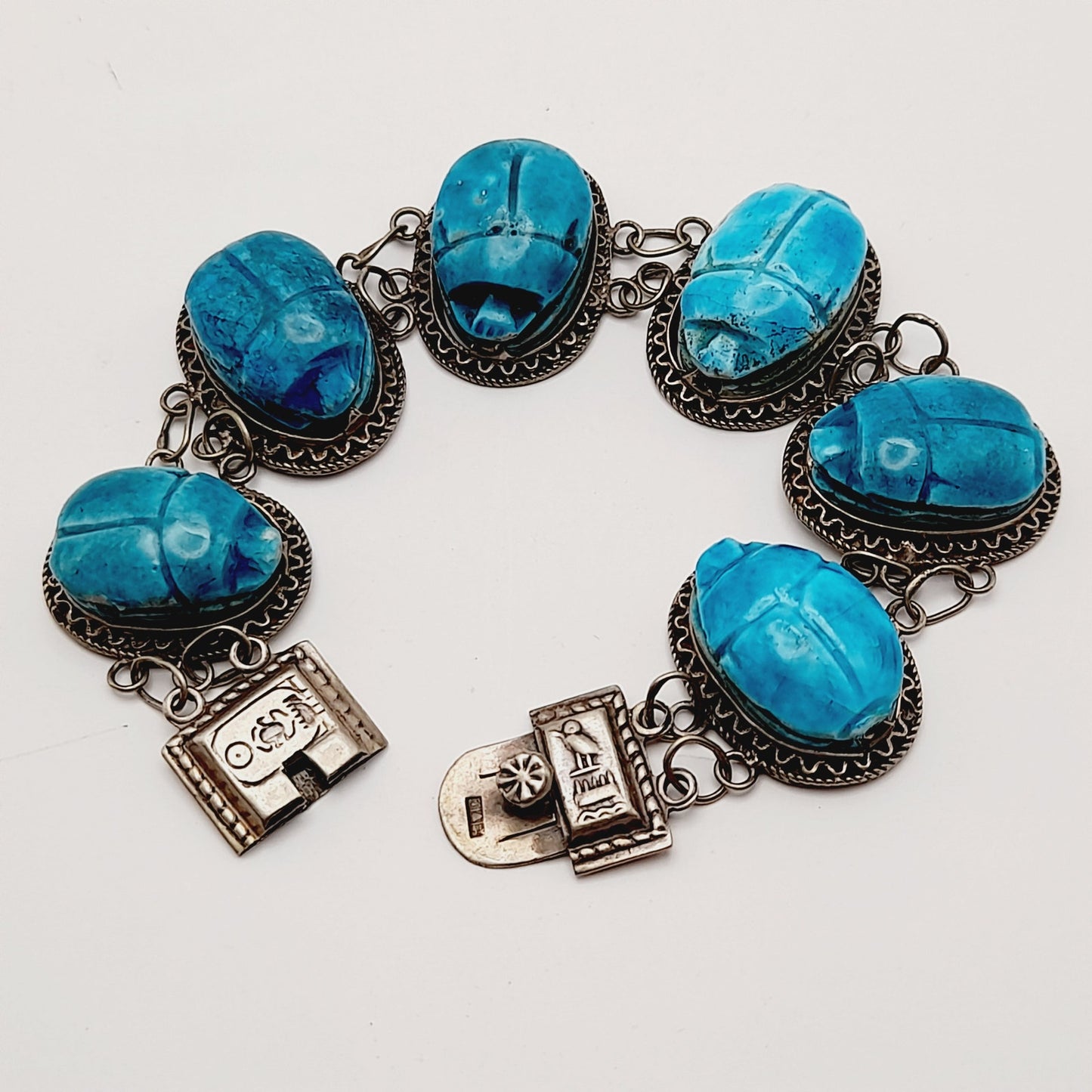 Antique Art Deco Silver Egyptian Revival Scarab Bracelet