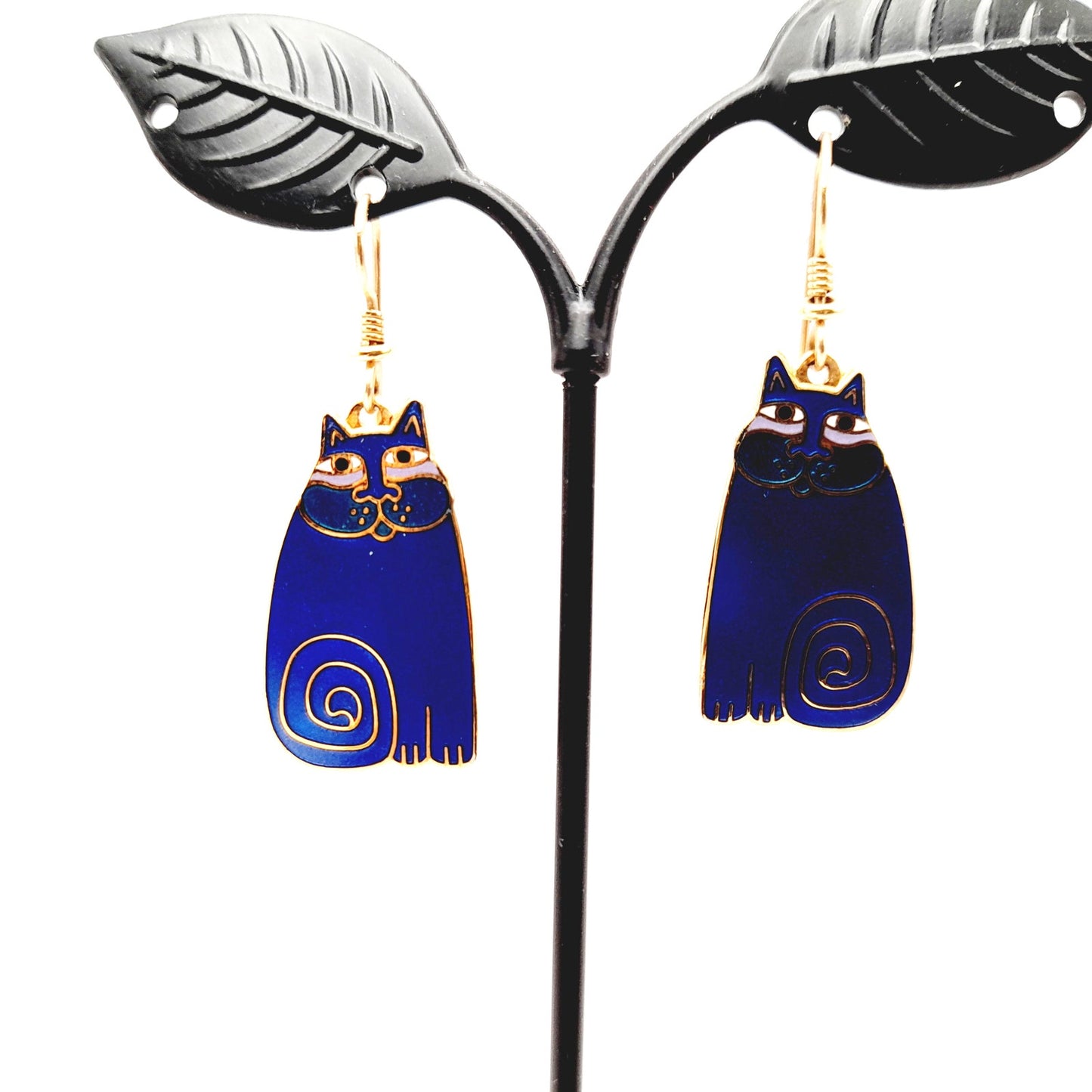 Vintage Laurel Burch Olivia Blue Cat Earrings Gold Plated