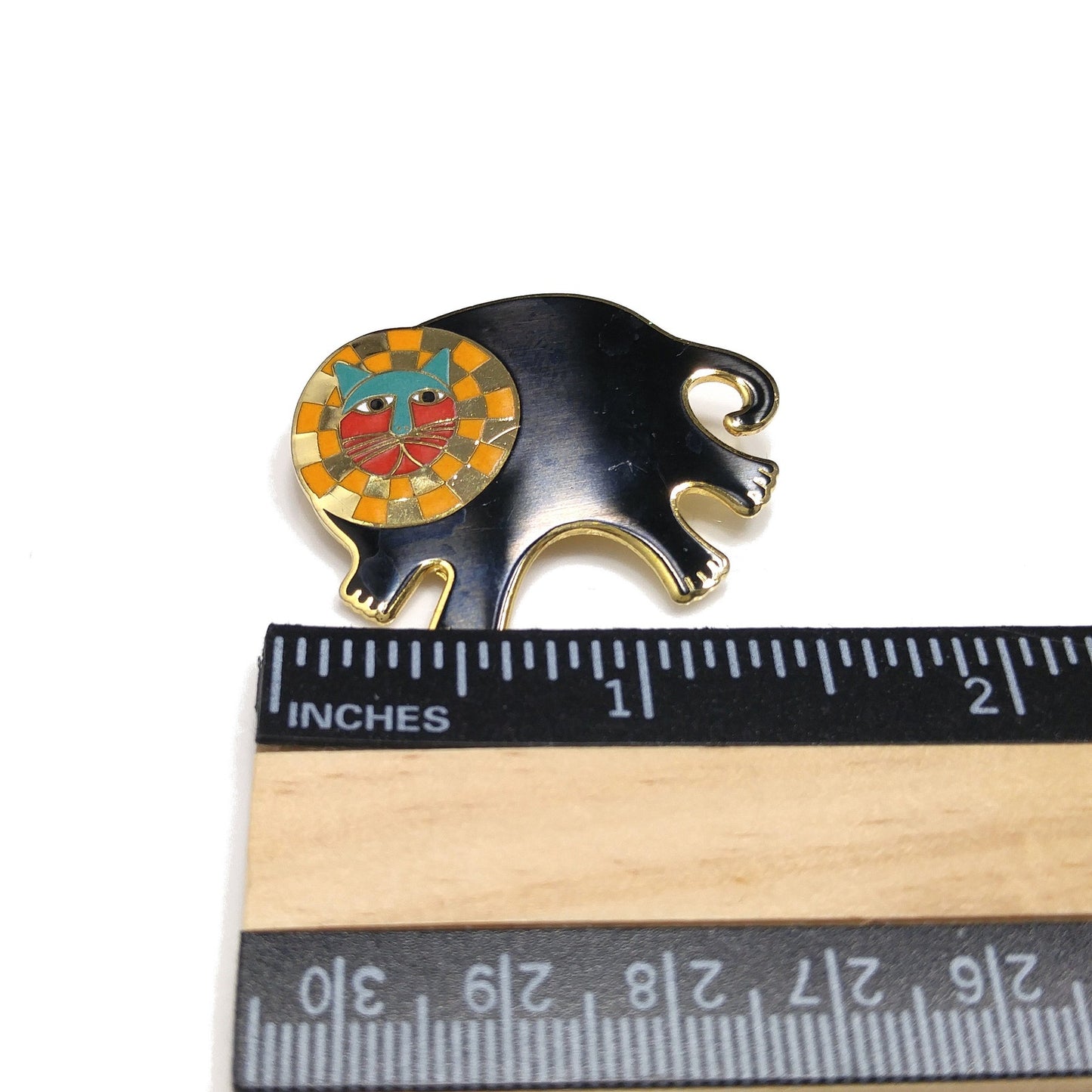 Laurel Burch "Bartholomew" Brooch, Gold Plated Cloisonné, Black Gold Enamel, 1980s Vintage Jewelry