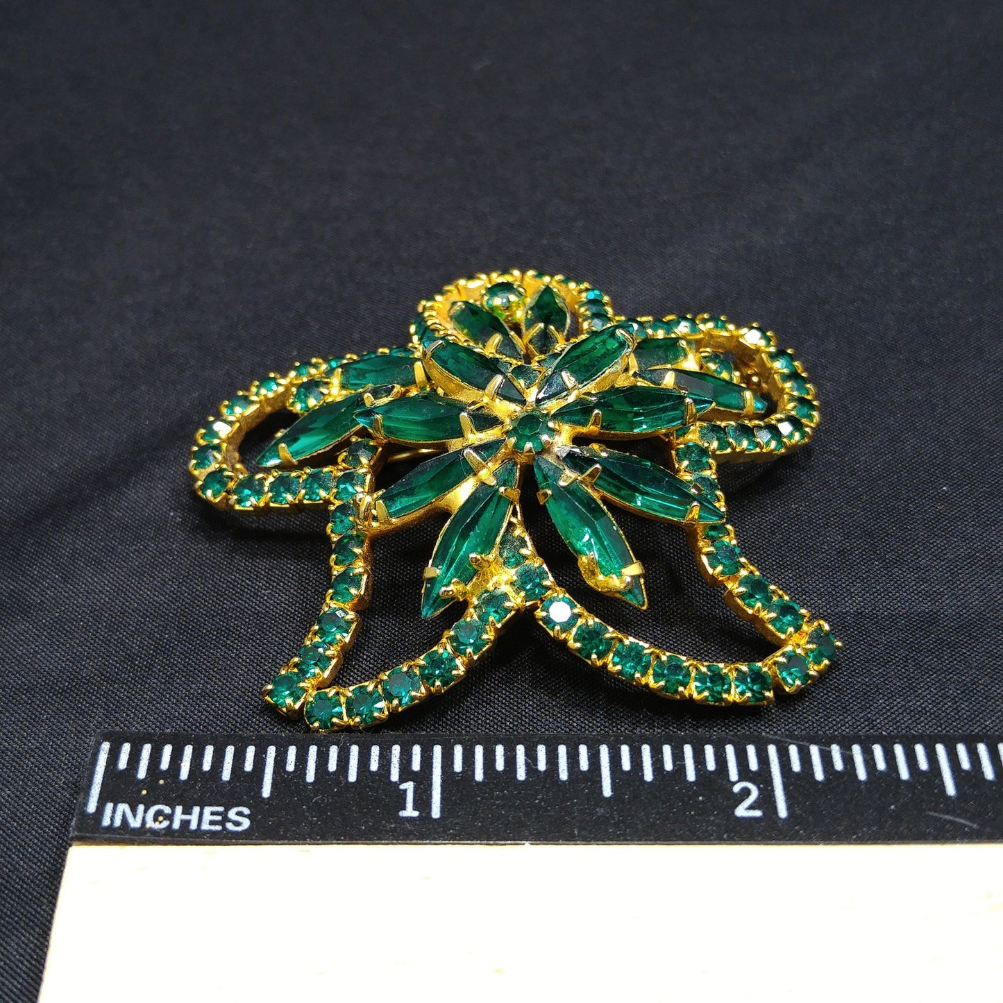 Green Rhinestone Floral Brooch, Gold Plated, 1960s Vintage Jewelry