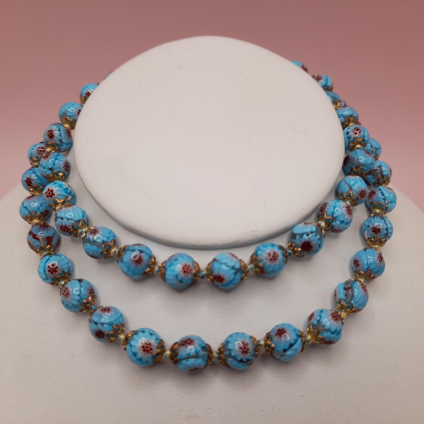 Vintage Murano Glass Floral Bead Necklace, 24 Inches, Hand-knotted, 1950s