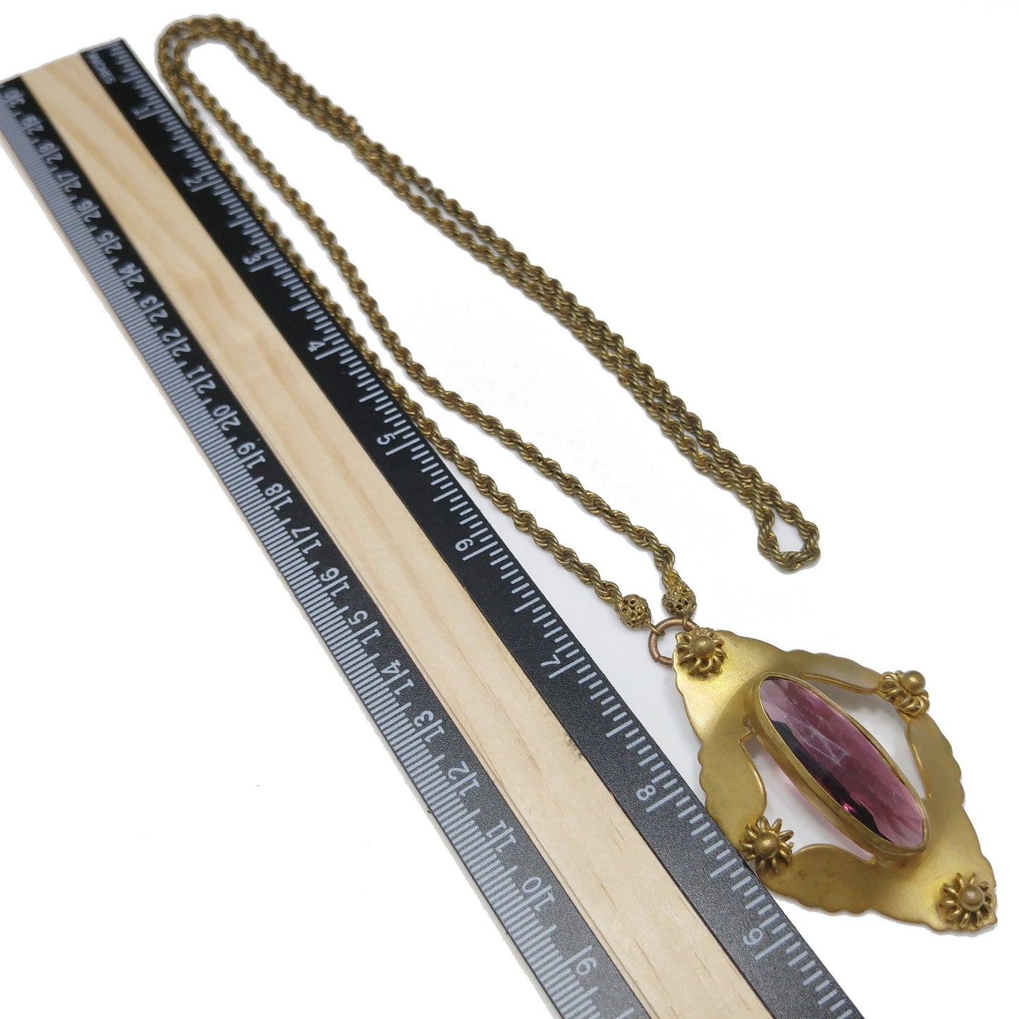 Victorian Purple Glass Pendant Necklace, Golden Brass, Early 1900s Vintage Jewelry