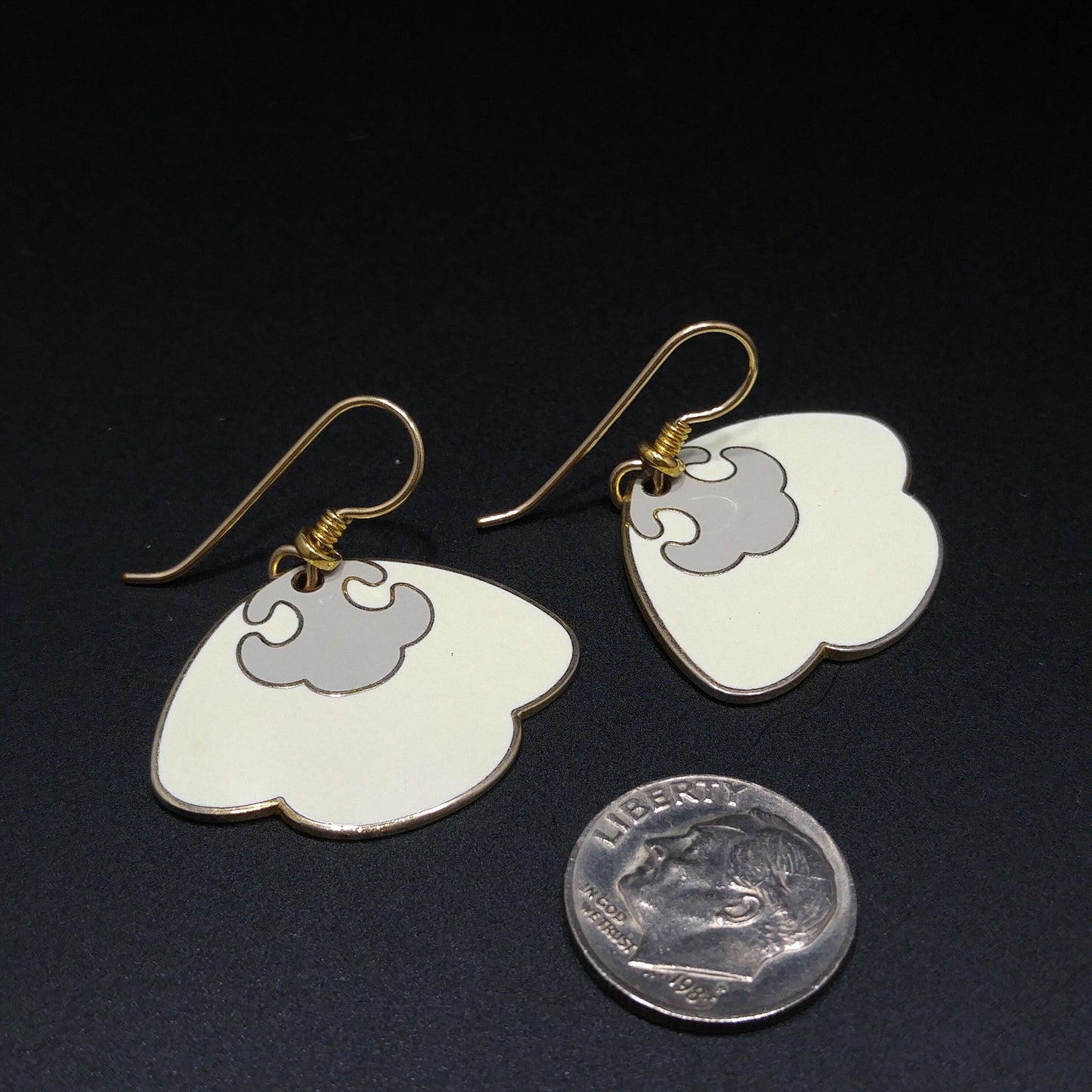 Vintage Laurel Burch Cream Scalloped Fan Earrings, Cream & Gray, Gold Plated