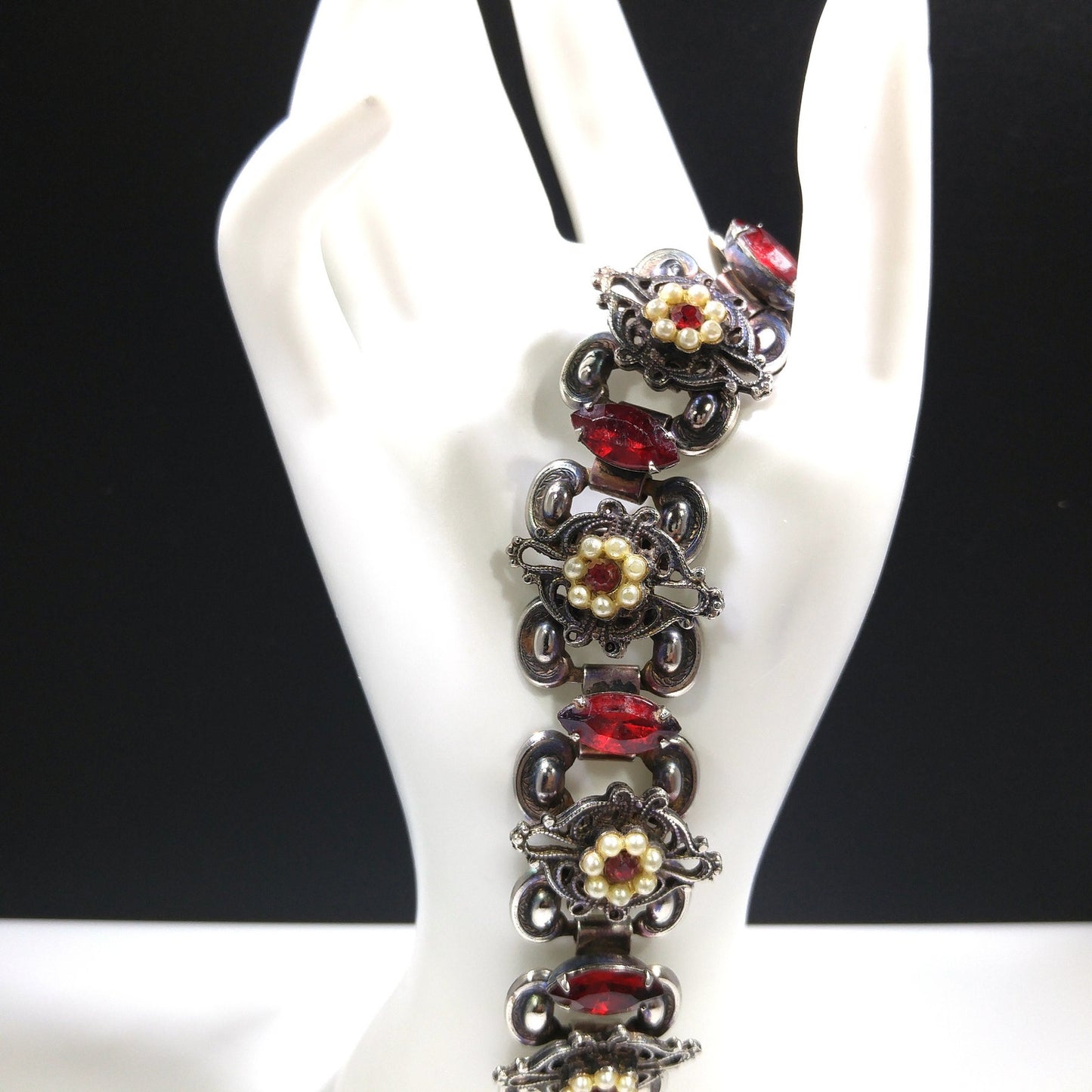 Victorian Red Rhinestone Book Chain Bracelet, Faux Pearl Flowers, 1940s Vintage Jewelry