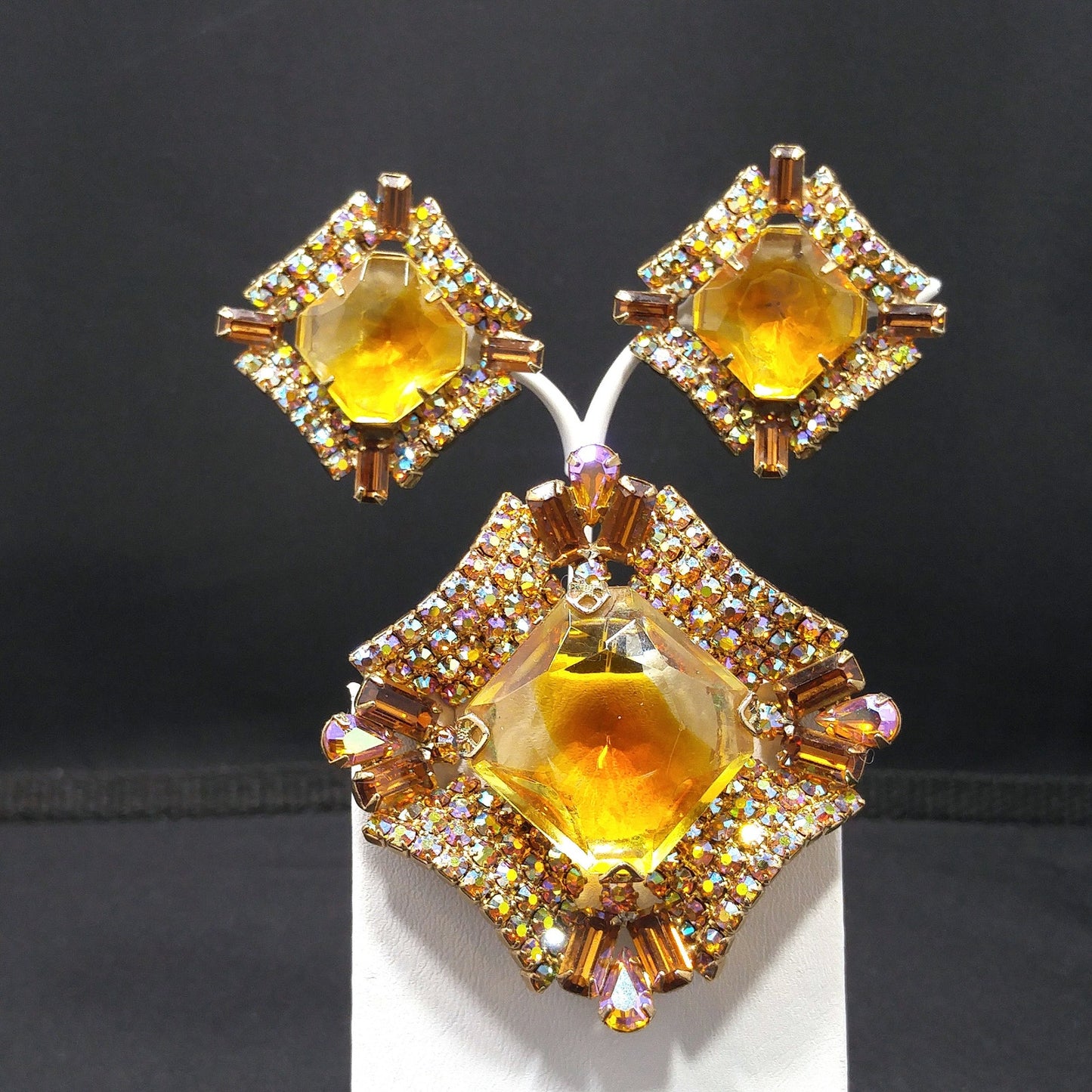 Mid-Century Modern Large Topaz Glass Brooch & Earrings, Gold Plated, 1960s Vintage Jewelry