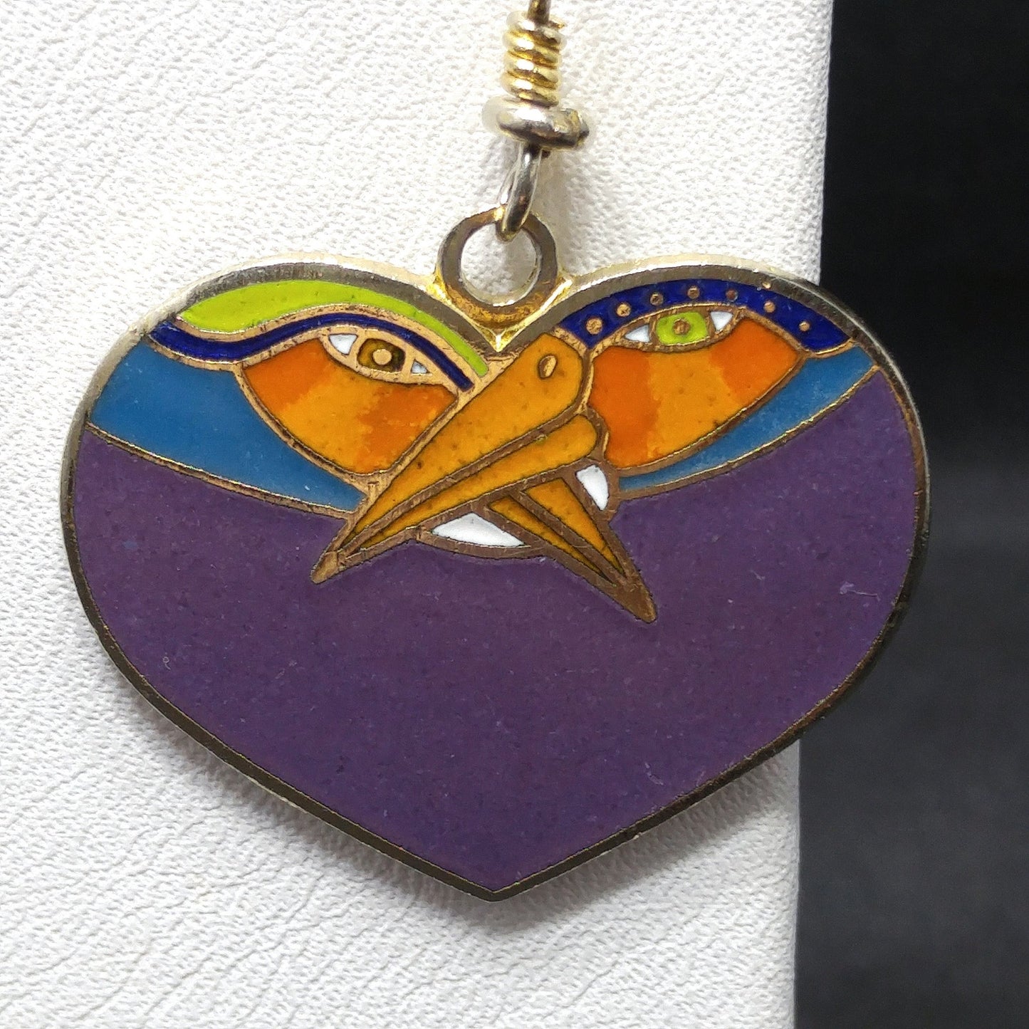 Vintage Laurel Burch Purple Bird Heart Earrings, Gold Plated