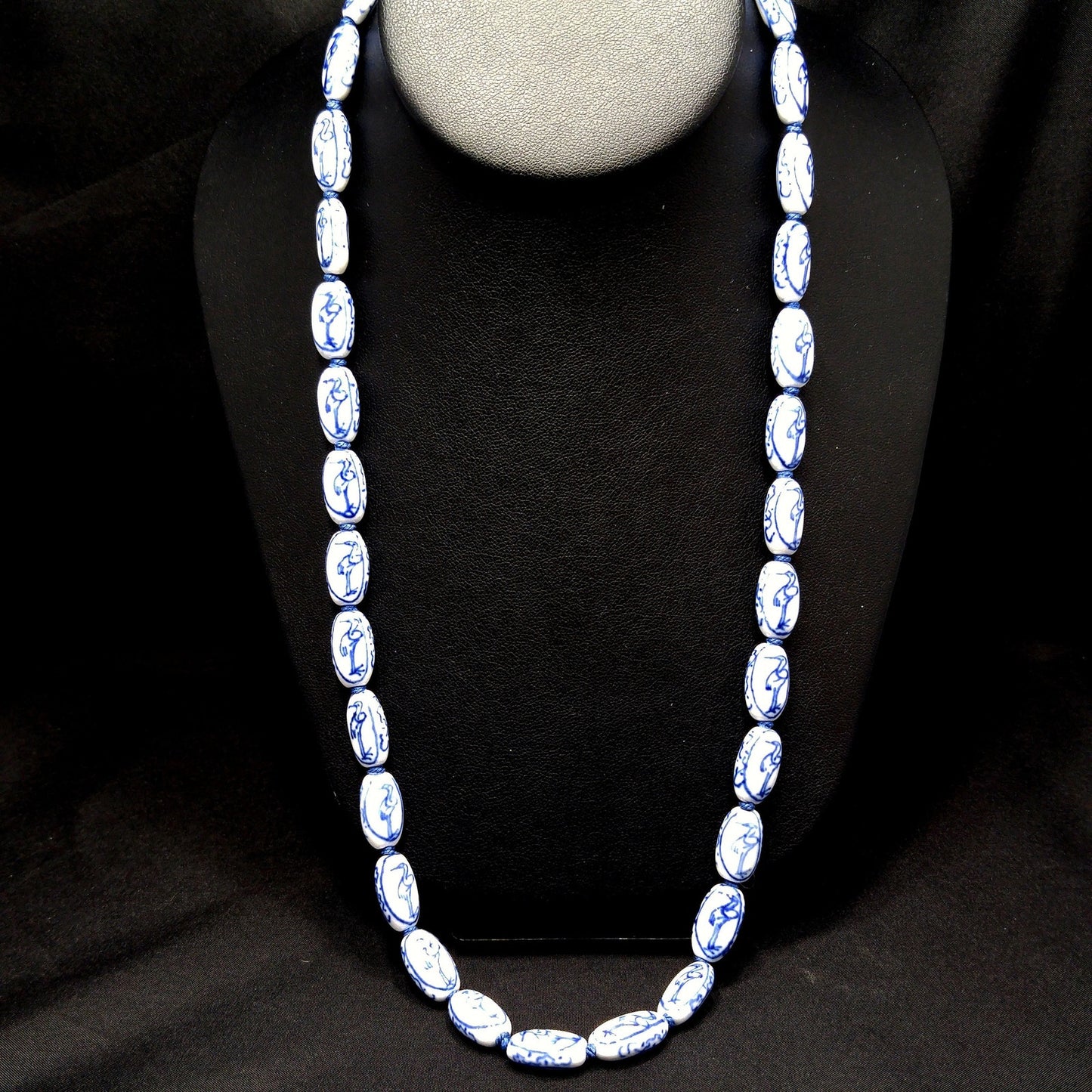 Hand Painted Blue Heron Birds Beaded Necklace, 1950s Vintage