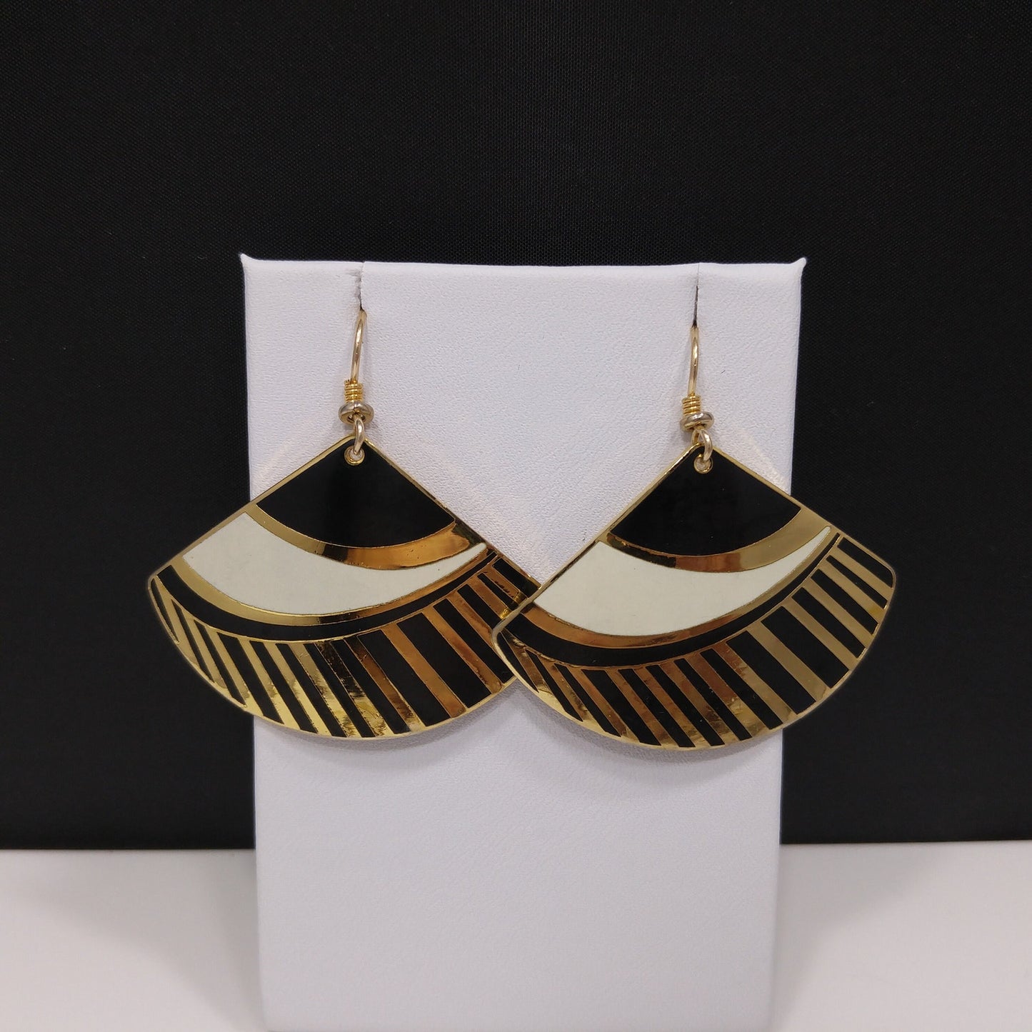 Laurel Burch Geometric Fan Earrings, Black White & Gold, 1980s Vintage Jewelry