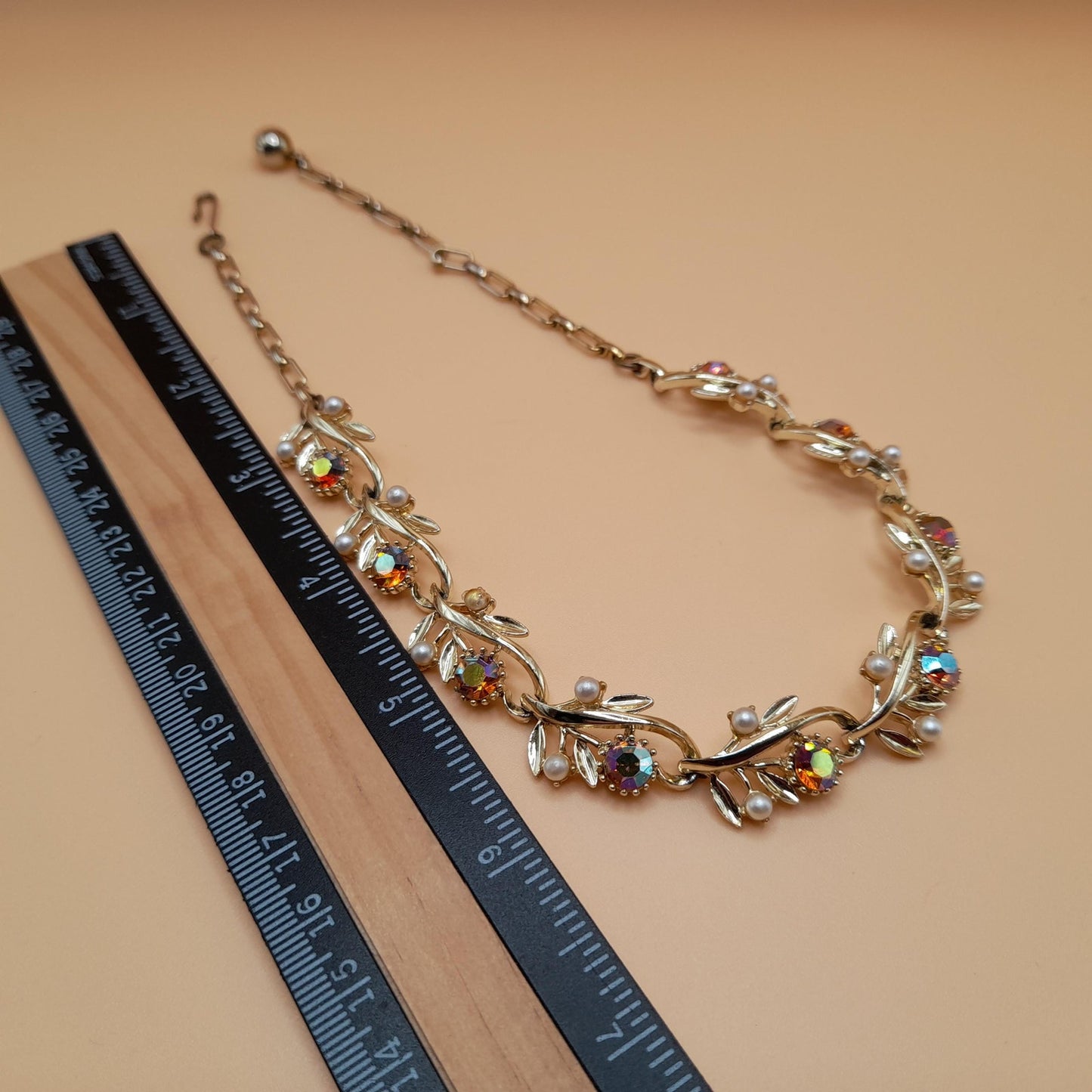 Vintage Light Topaz Rhinestone Choker Necklace, Faux Pearls, 1950s, 15 In