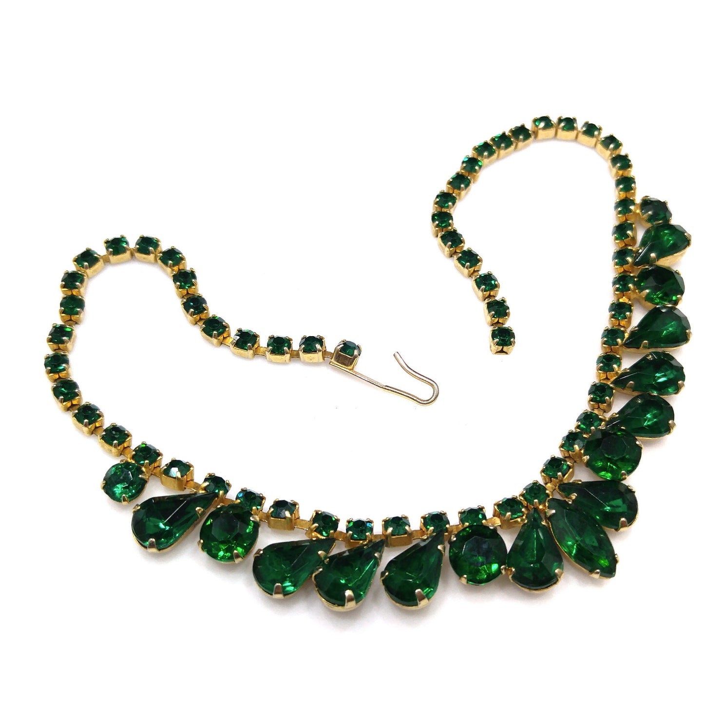 Vintage Emerald Green Rhinestone Choker Necklace, Gold Plated, 14 3/4 Inches, 1960s Vintage Jewelry