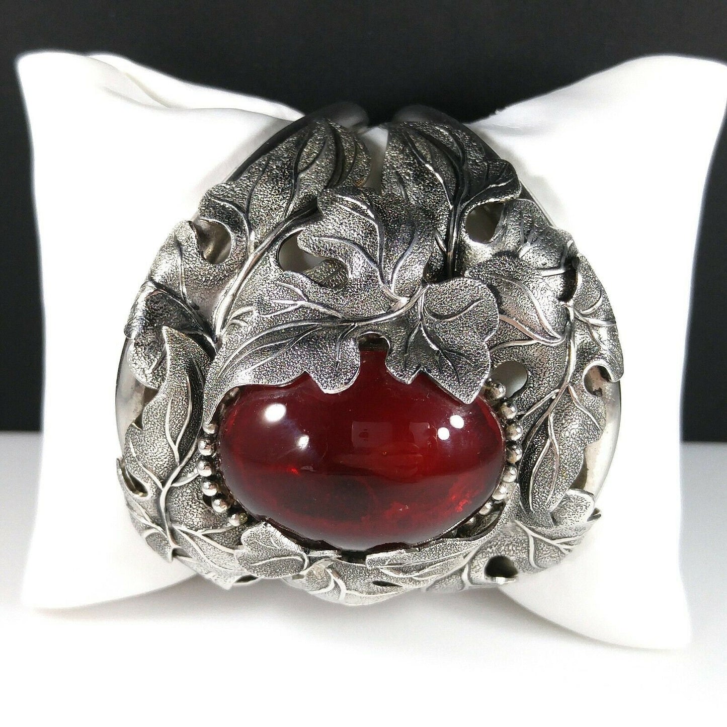 Vintage Whiting & Davis Hinged Cuff Bracelet, Red Glass Cabochon, Rhodium Plated, 1960s Vintage Jewelry