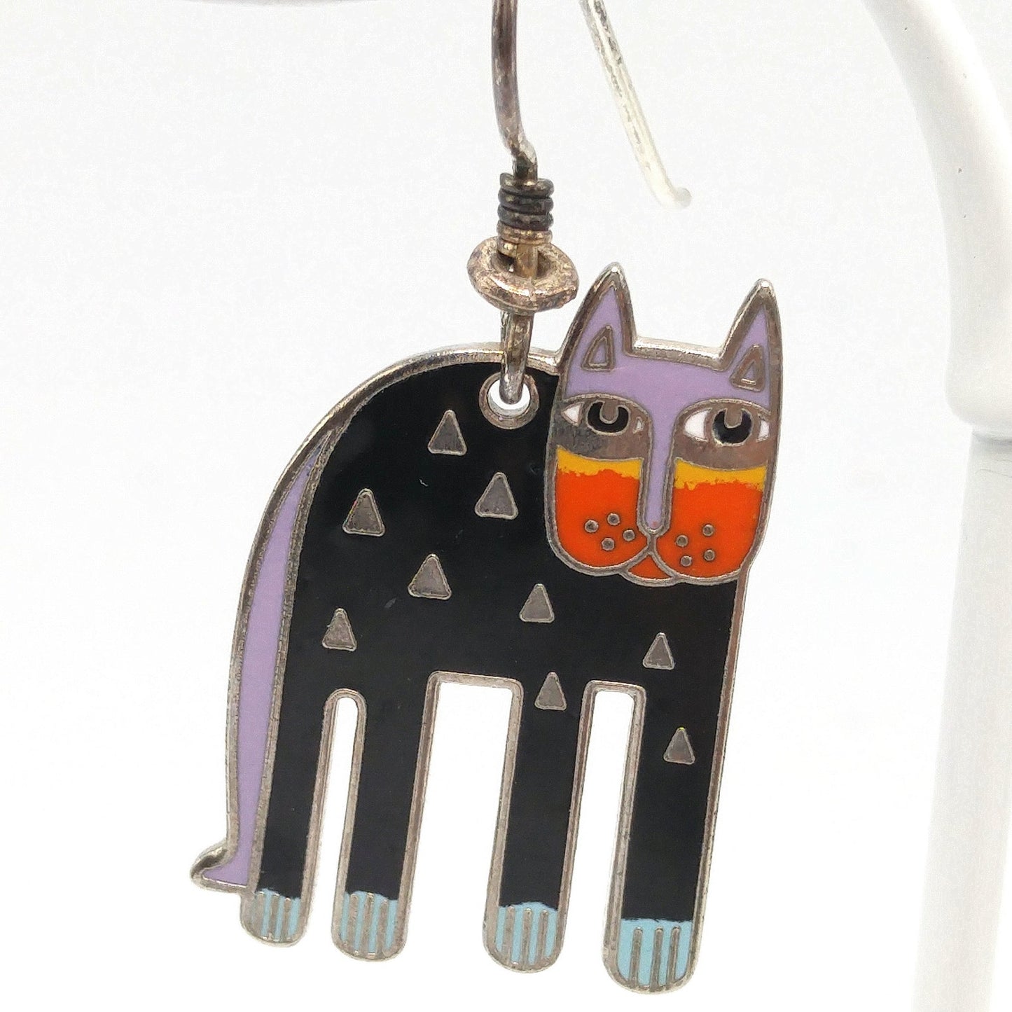 Laurel Burch "Alexander's Animal" Cat Earrings, Rhodium Plated Enamel, 1980s Vintage Jewelry