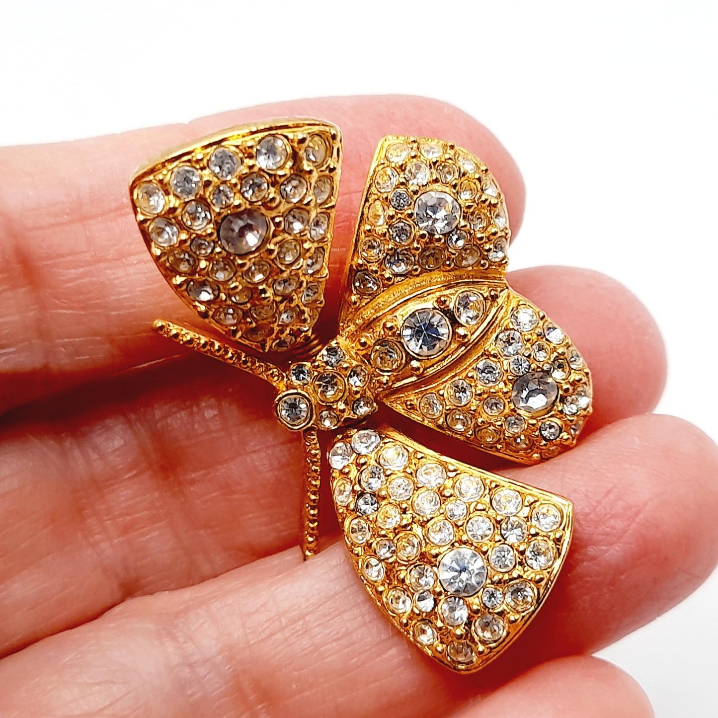 Vintage Joan Rivers Trembler Butterfly Brooch – Gold Plated Rhinestone Moth Pin – Designer Signed
