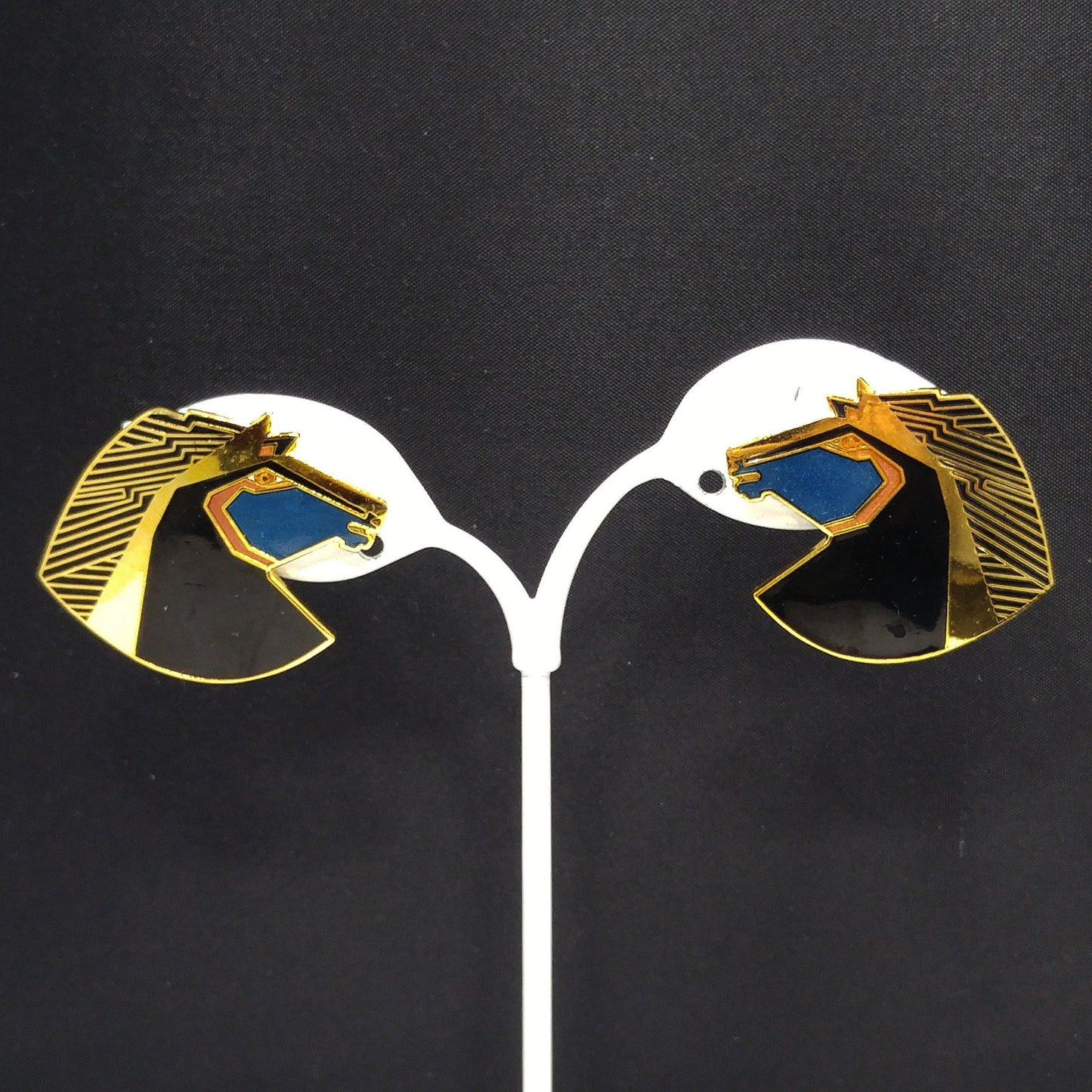 Laurel Burch "Wild Stallion" Post Earrings, Gold Plated Black Teal Enamel, 1980s Vintage Jewelry