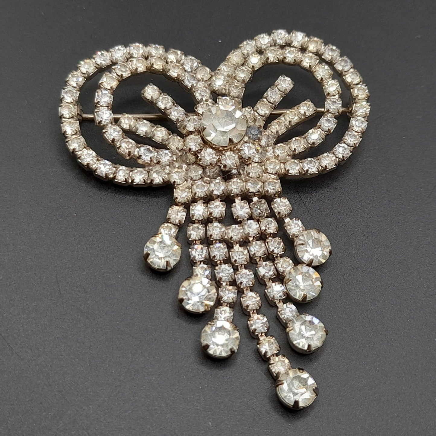 Vintage Clear Rhinestone Bow Brooch, Silver Tone Dangle Design, Midcentury Sparkle, 2 3/4 Inches