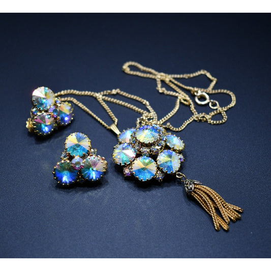 Vintage Rivoli Pendant & Earrings, Aurora Borealis Rhinestones, 1960s Vintage Jewelry