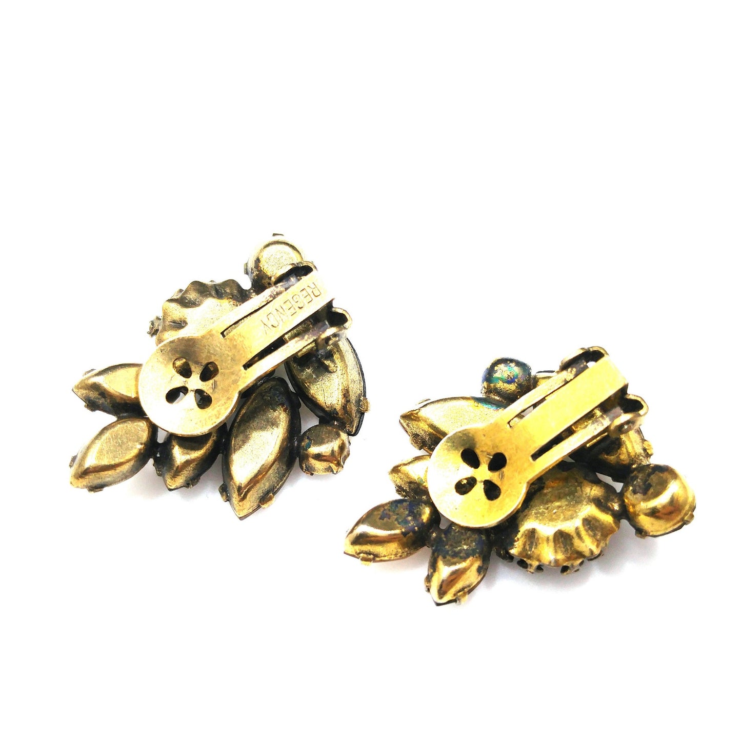 Regency Topaz & Gold Rhinestones Brooch Earrings Set, Gold Faux Pearls, 1950s Vintage Jewelry