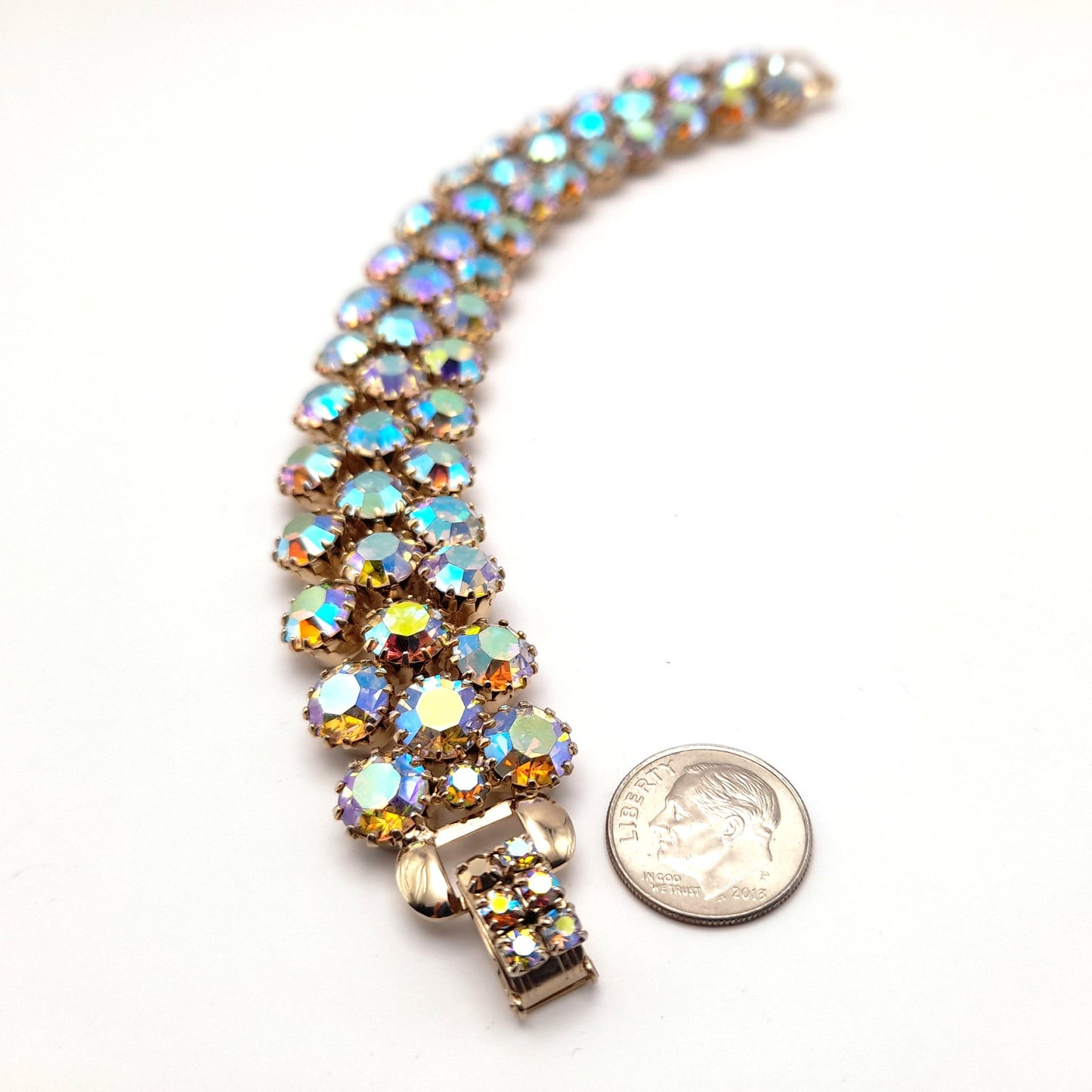 Vintage Weiss Aurora Borealis Rhinestone Bracelet Gold Plated