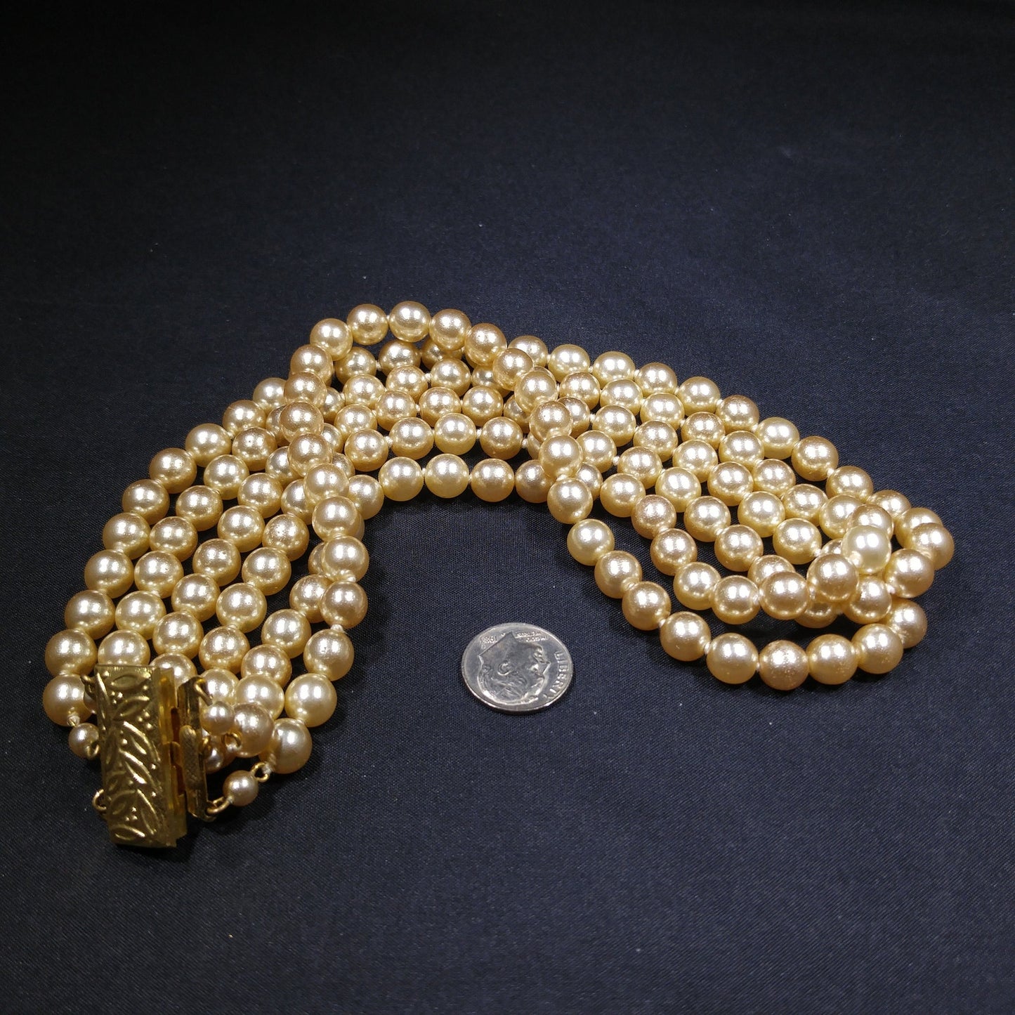 Faux Pearl Champagne Necklace, Three Strands, Glass Pearls, 1960s Vintage Jewelry
