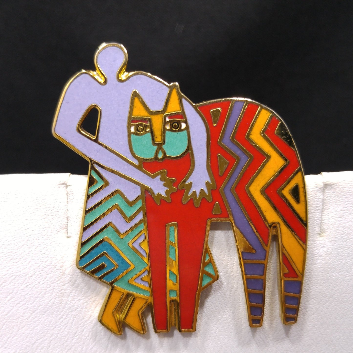 Laurel Burch Vintage "Best Friends" Brooch, Gold Plated Cloisonne Enamel, 1980s Vintage Jewelry