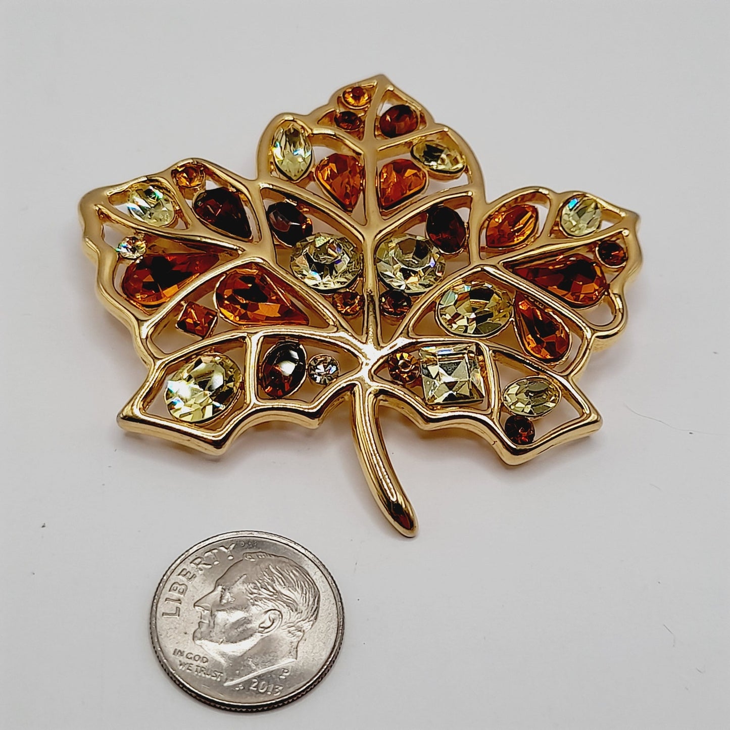 Vintage Nolan Miller Maple Leaf Brooch Gold Plated Rhinestone Glamour Collection 2 3/8"