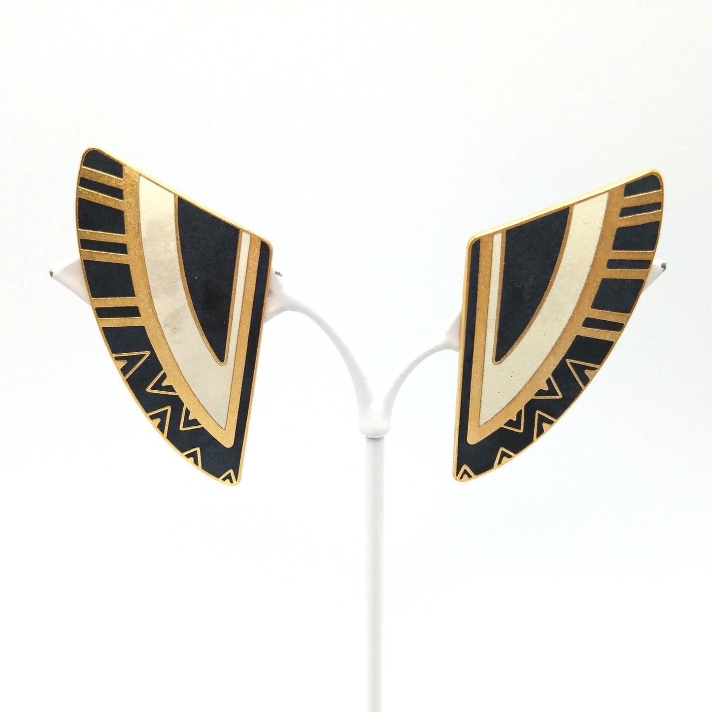 Laurel Burch Geometric Large Clip Earrings, Black White Enamel, Gold Plated, 1990s Vintage Jewelry