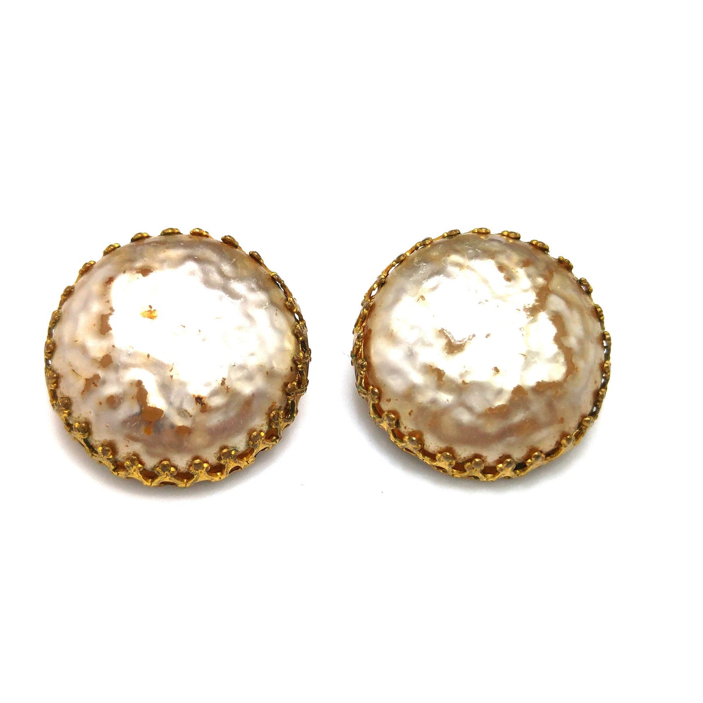 Miriam Haskell Faux Baroque Pearl Button Style Clip Earrings, 1950s Vintage Jewelry