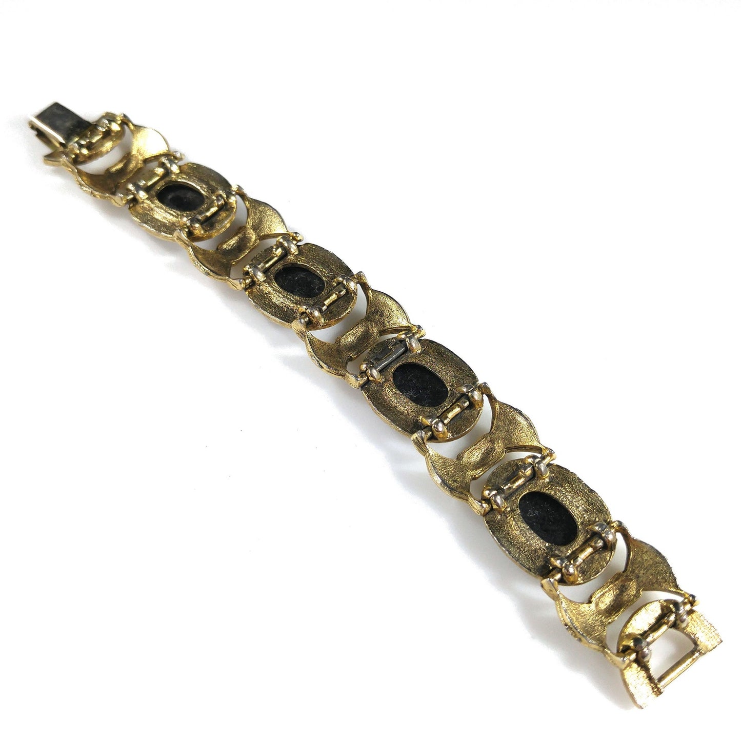 Mid-Century Black Glass Link Bracelet, Gold Plated, 1950s Vintage Jewelry