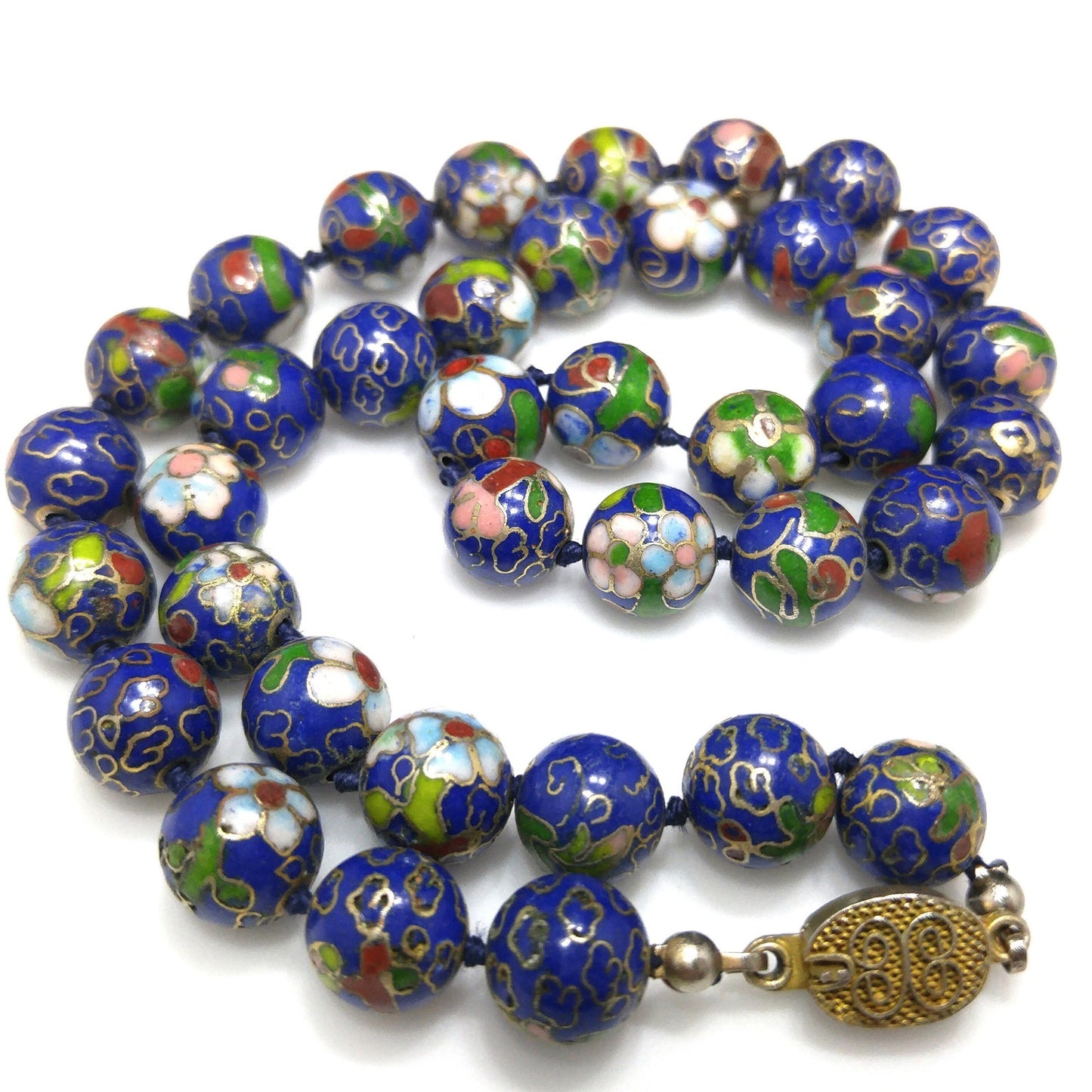 Cloisonne Blue Beaded Necklace, Floral Hand Painted Beads, 1960s Vintage Jewelry
