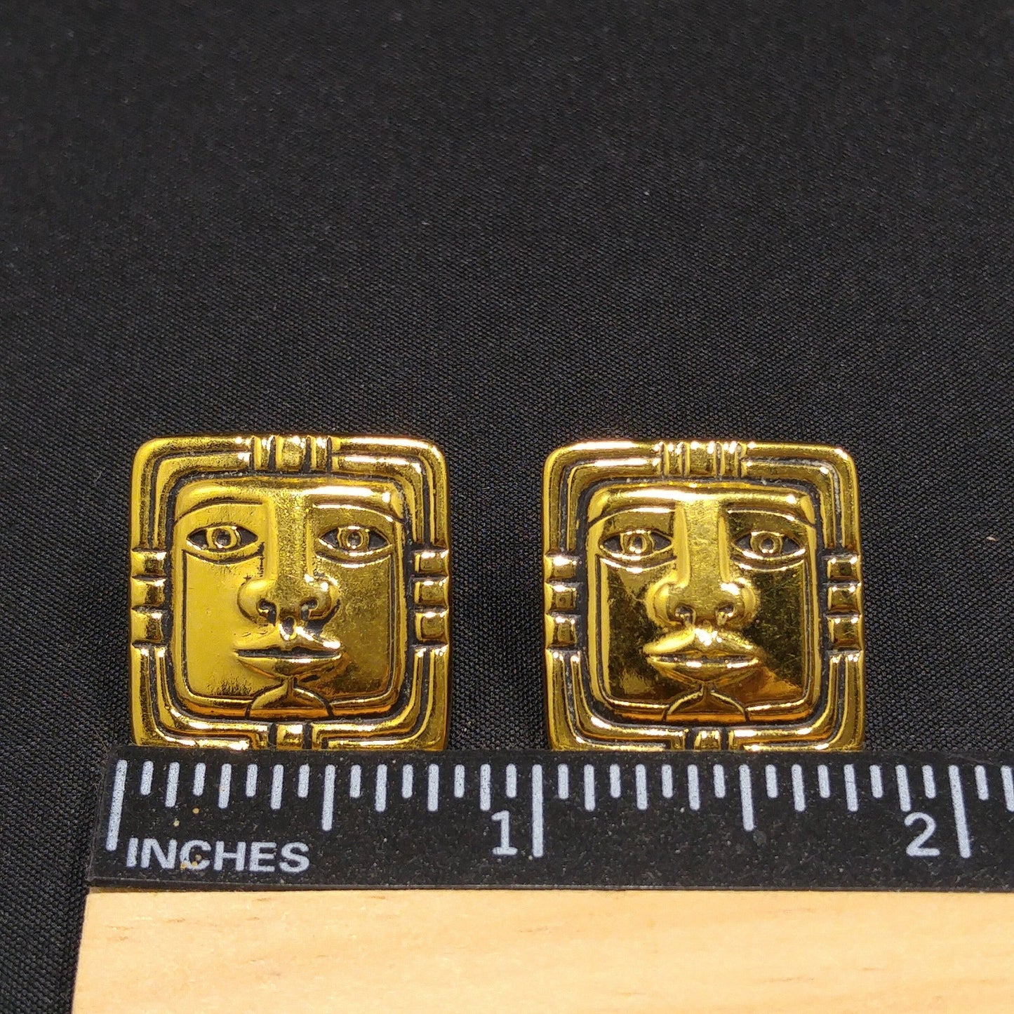 Vintage Laurel Burch Aztec Face Post Earrings, Gold Plated